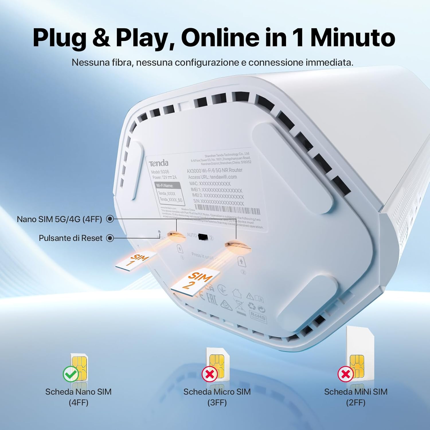 Tenda 5G06 - Router 5G con SIM Wi-Fi 6 AX3000Mbps, Modem 5G con Soppio Slot per Scheda SIM, Porte Gigabit 2.5G, Plug & Play, 1024-QAM, 8×5G/4G LTE, 3×Antenne Wi-Fi Interne, Mesh WiFi+, WPA3