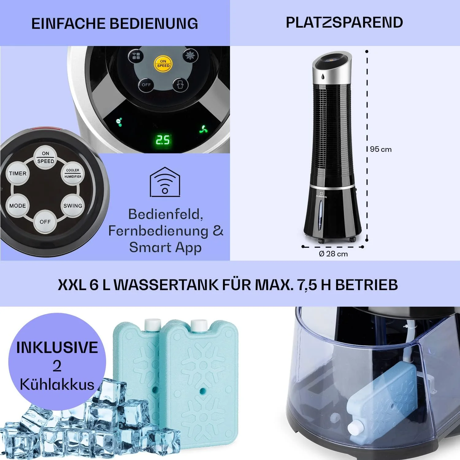 Klarstein 4-in-1: Slimme luchtkoeler, ventilator, luchtbevochtiger & ionisatie I 6 L watertank, oscillatie, 30 W, 210 m3/u, timer I Klimaatregelaar zonder afvoerslang, Mobiele airconditioner, Zwart-ros��goud