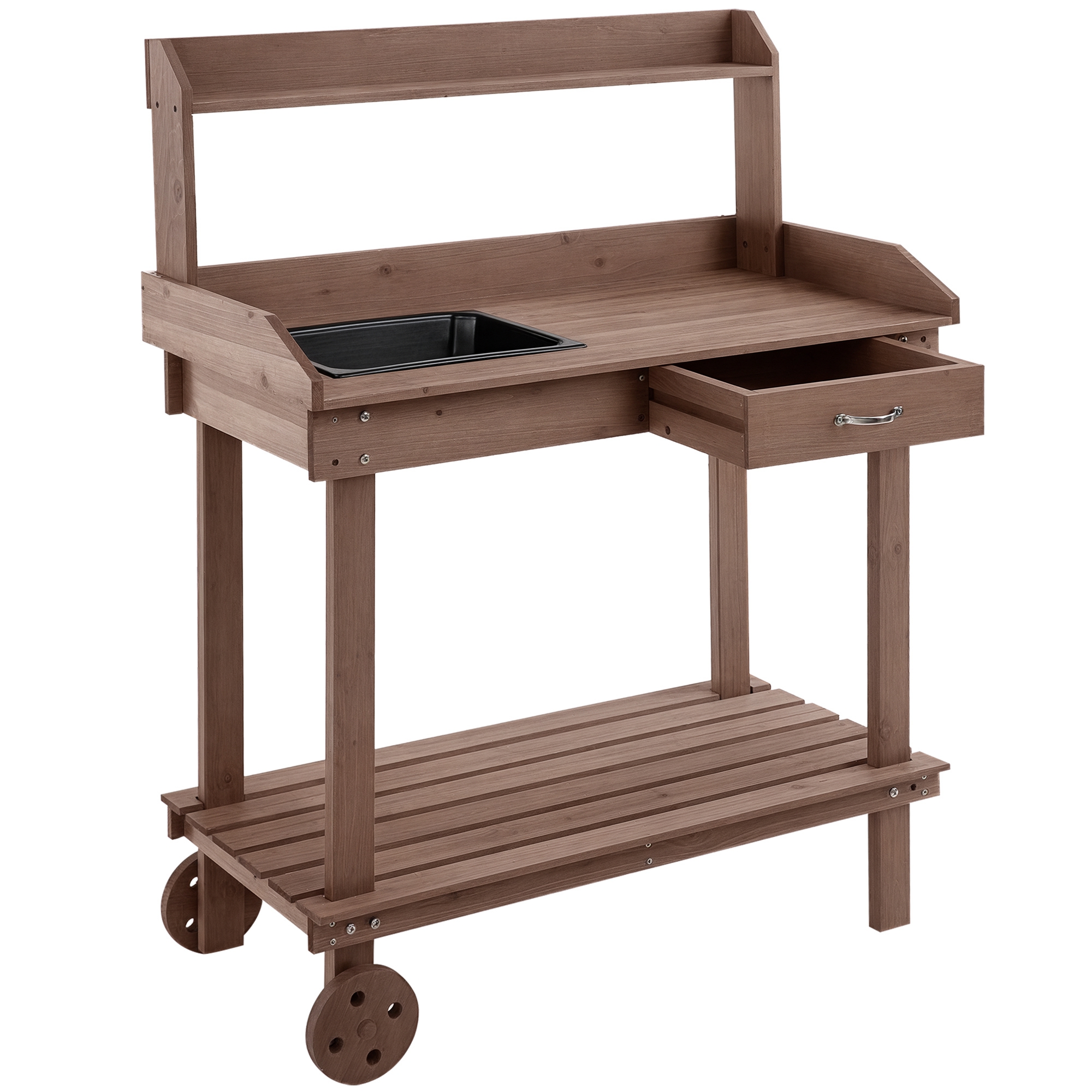 Outsunny Pflanztisch mit Schublade 2 Stufen Gärtnertisch mit waschbecken und Rollen Garten Tannenholz Braun 92 x 45 x 119 cm