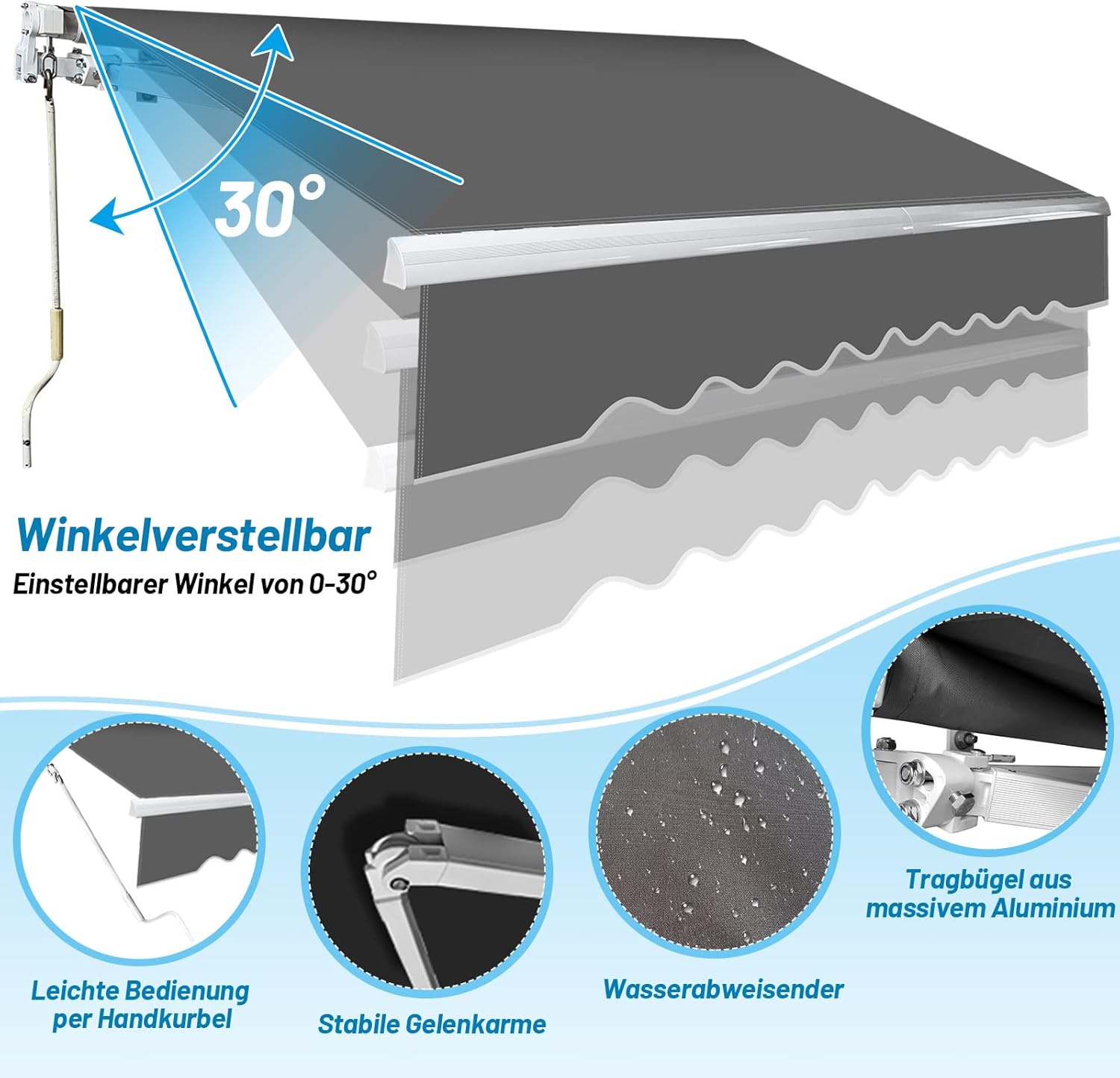 Gelenkarmmarkise Markise, 350x300cm Einziehbare Markise mit Handkurbel, Sonnenschutz Wasserschutz, Winkel einstellbar bis 30 Grad, Erfordert Montage inkl. Wandhalterung, Grau