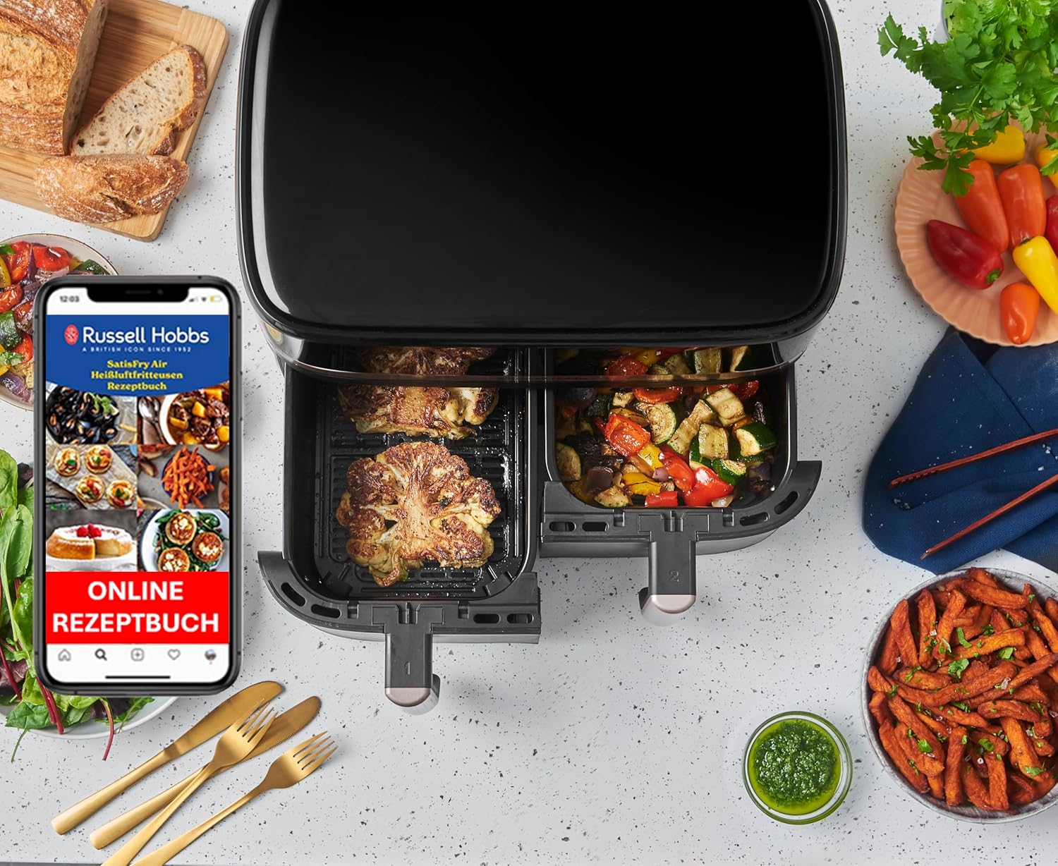 Russell Hobbs Heißluftfritteuse 2 Kammern 9L Rapid AirFryer [2 Fächer je 4,5l, sehr leiser Betrieb, 9 Programme] SatisFry Fritteuse (spülmaschinenfest, Match & Synchronisierungsfunktion) 27681-56