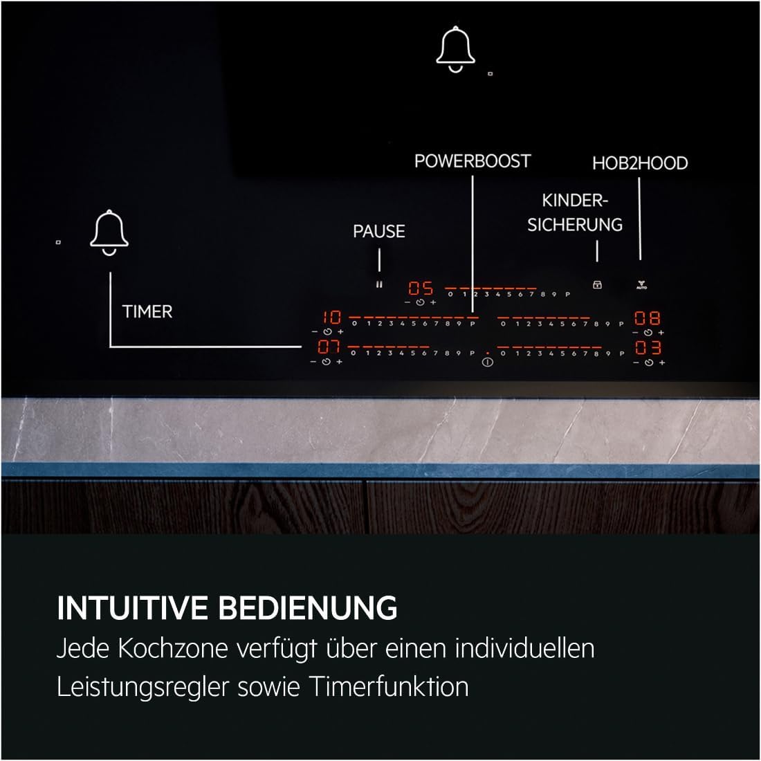 AEG Induktionskochfeld autark 80cm mit Dunstabzug / Made in Germany / 4 Flex-Kochzonen mit Bridge (Kombination 2er Zonen) / Auto-Funktion des Dunstabzugs / Aktivkohlefilter / COLI84COXB