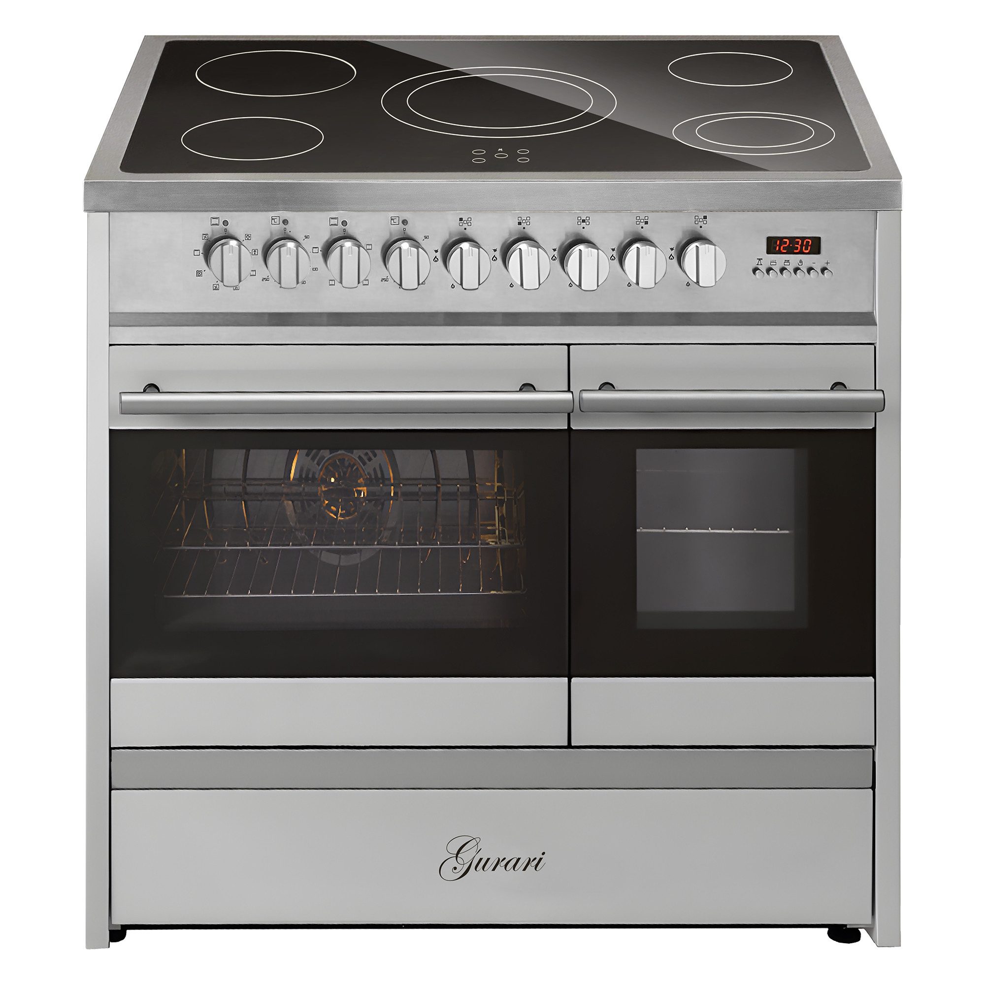 Elektro-Standherd 90 cm, Doppelbackofen, 5 Kochzonen, Range Cooker+Dunstabzugshaube 90 cm, 1000 m³/h GCH E 912 DF X+GCH S 482 90 IS N