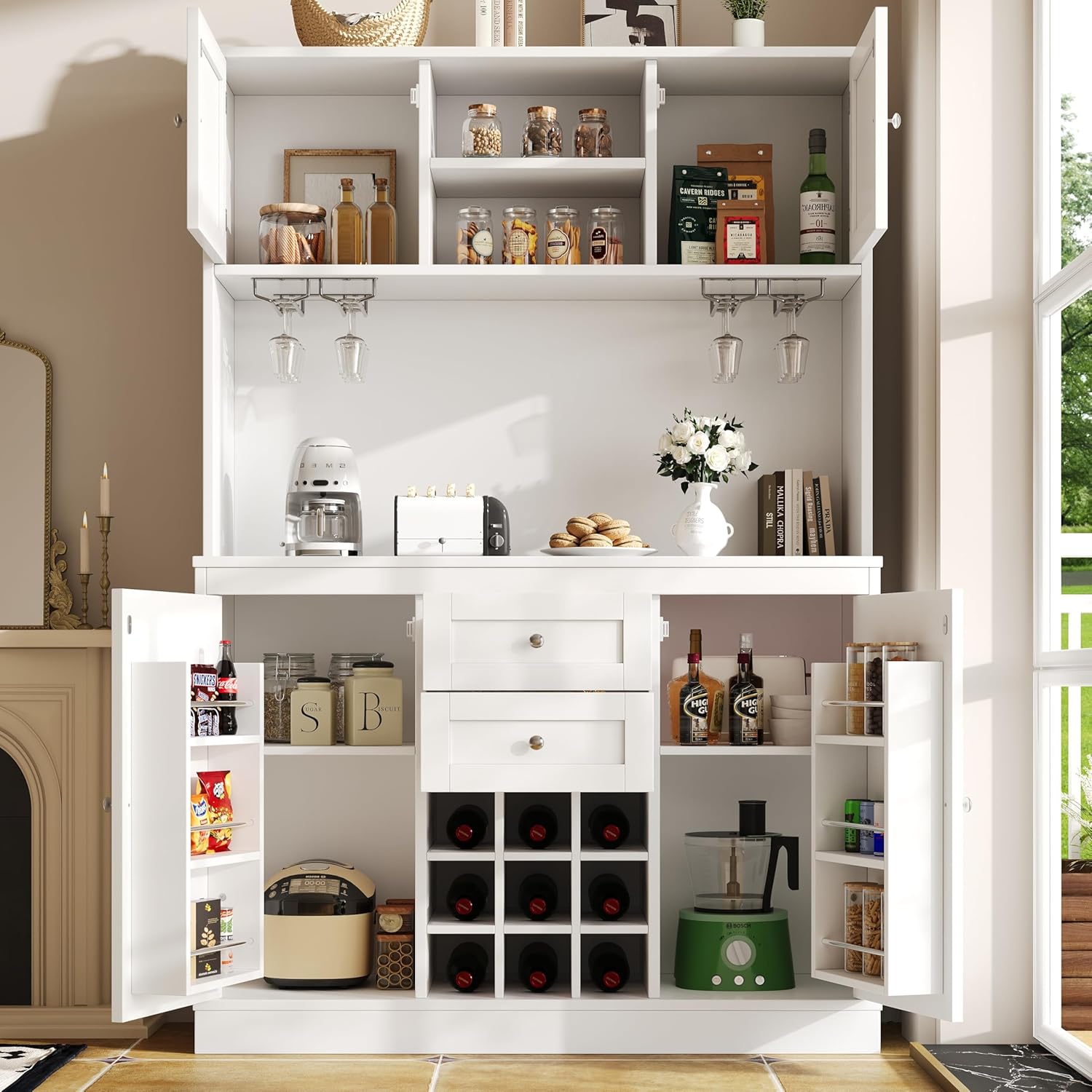 Armadietto da cucina a buffet con ripiani regolabili e scaffale per vino, armadietto alto da cucina a buffet con 4 ante e 2 cassetti, credenza, 120 x 40 x 188 cm, bianco