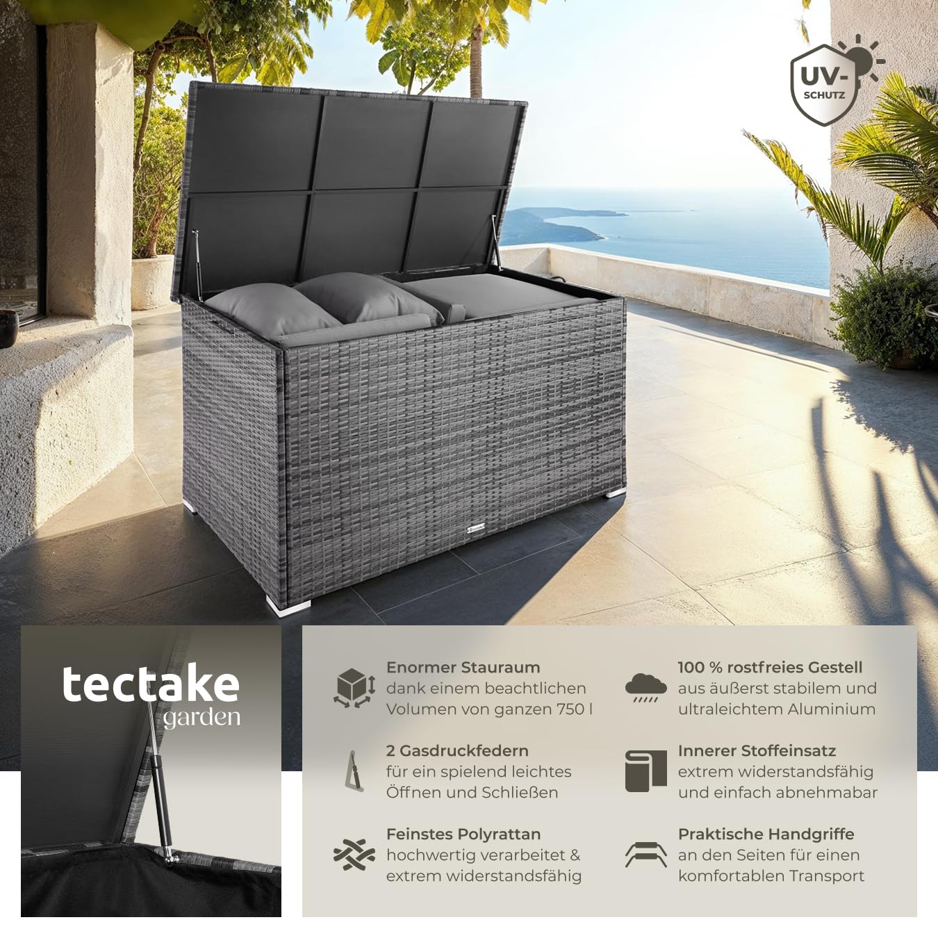 Aufbewahrungsbox Garten 750 L aus Aluminium und Polyrattan, grau, wetterfest mit Deckel und Gasdruckfedern, 145x82,5x79,5 cm
