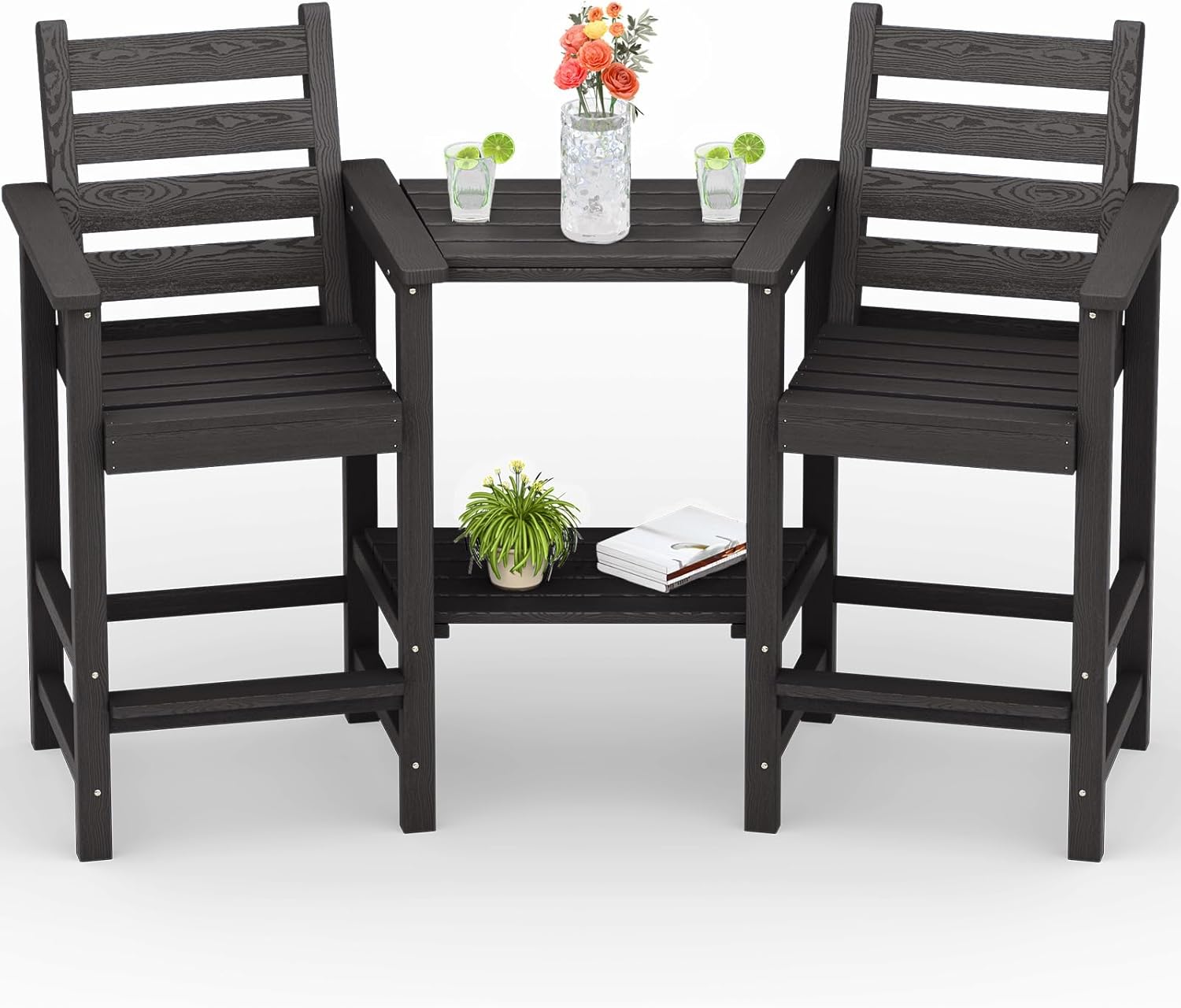 PLUUV Tall Adirondack Chairs Set of 2  All Weather HDPE Poly Bar Height Balcony Adirondack Chair with Removable Double Connecting Trays  Outdoor Adirondack Barstools for Deck  Patio  Yard  Pool  Lawn