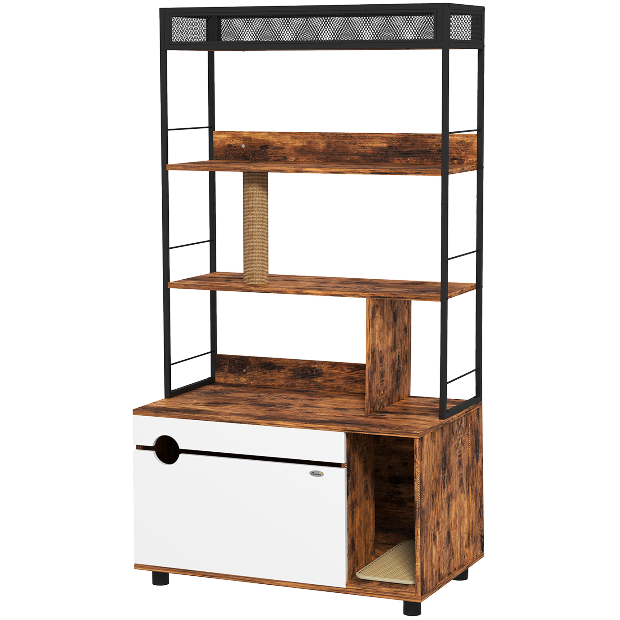 PawHut Katzentoilette mit 3-Ebenen-Regal und Kratzpfosten, geschlossenes Katzenklo, 80 x 48 x 152 cm, Braun