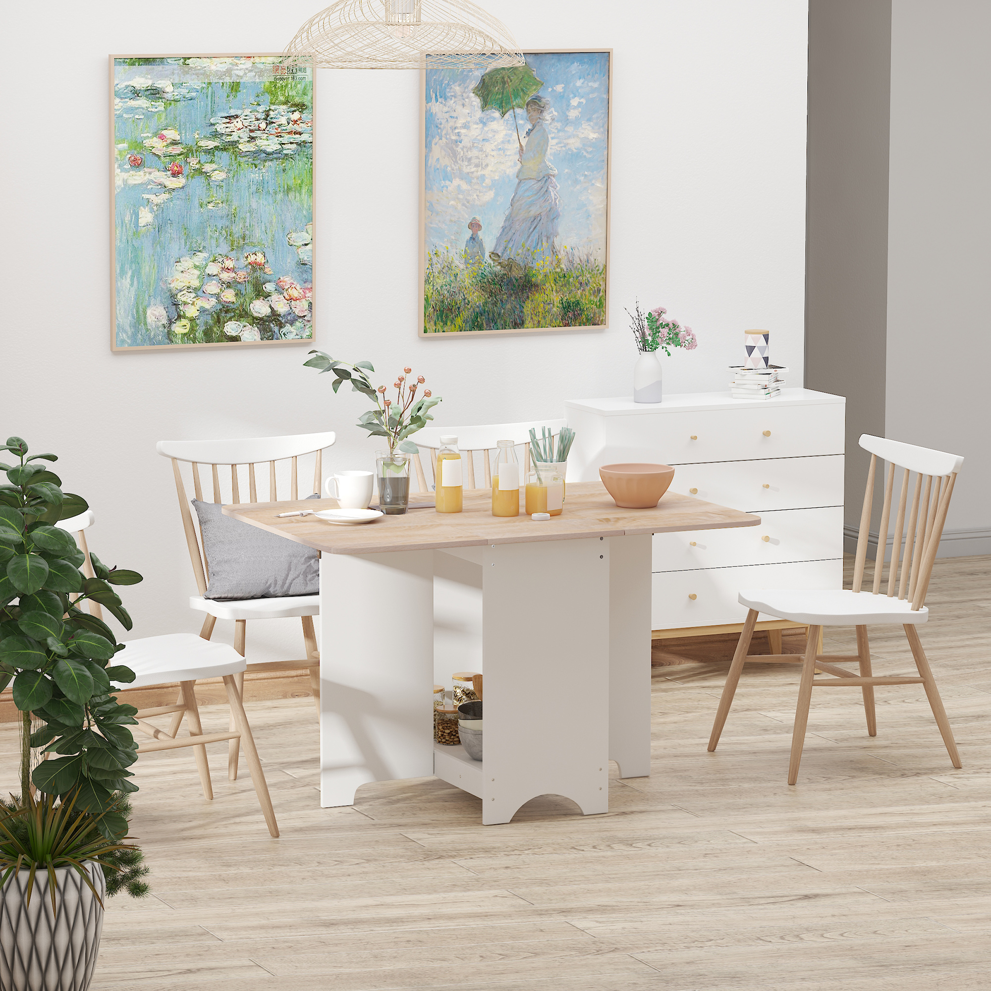 HOMCOM Klapptisch Konsolentisch mit Regalfach, Wohnzimmer- und Küchentisch, Klapptisch, Klappbar, Platzsparend, Holzfarbe und Weiß, 118x80x72cm