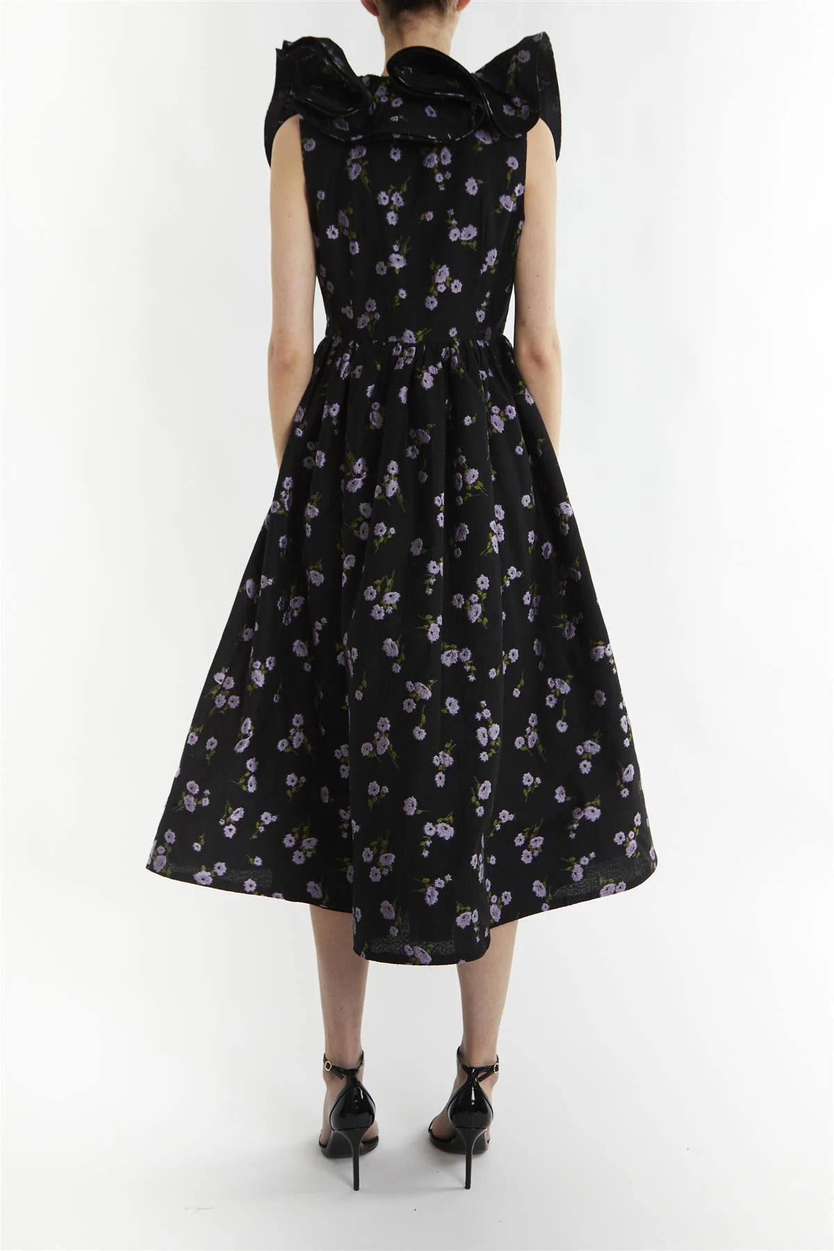 Peyton Black Floral Brocade Ruffle Midi Dress