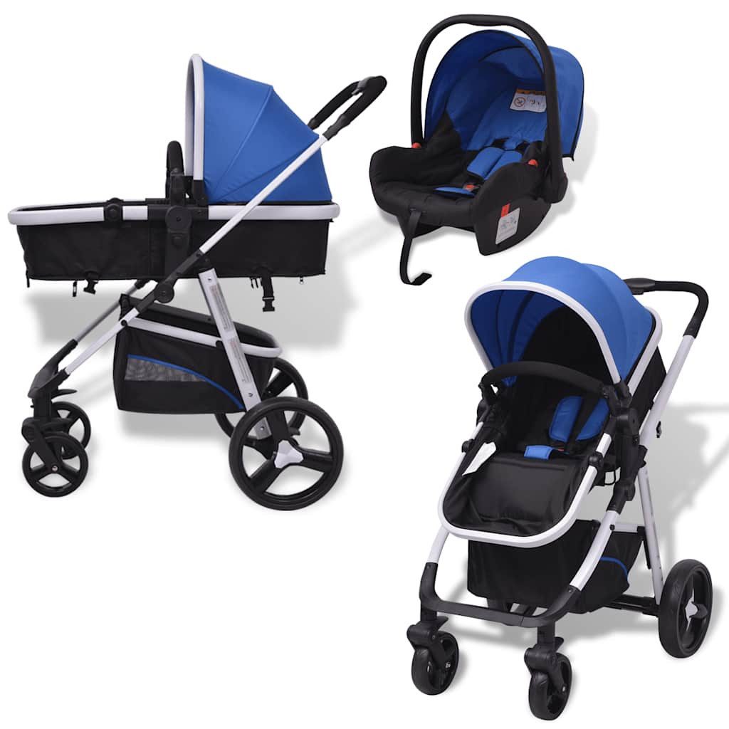 Kinder-Buggy 3-in-1 Kinderwagen Aluminium Blau und Schwarz