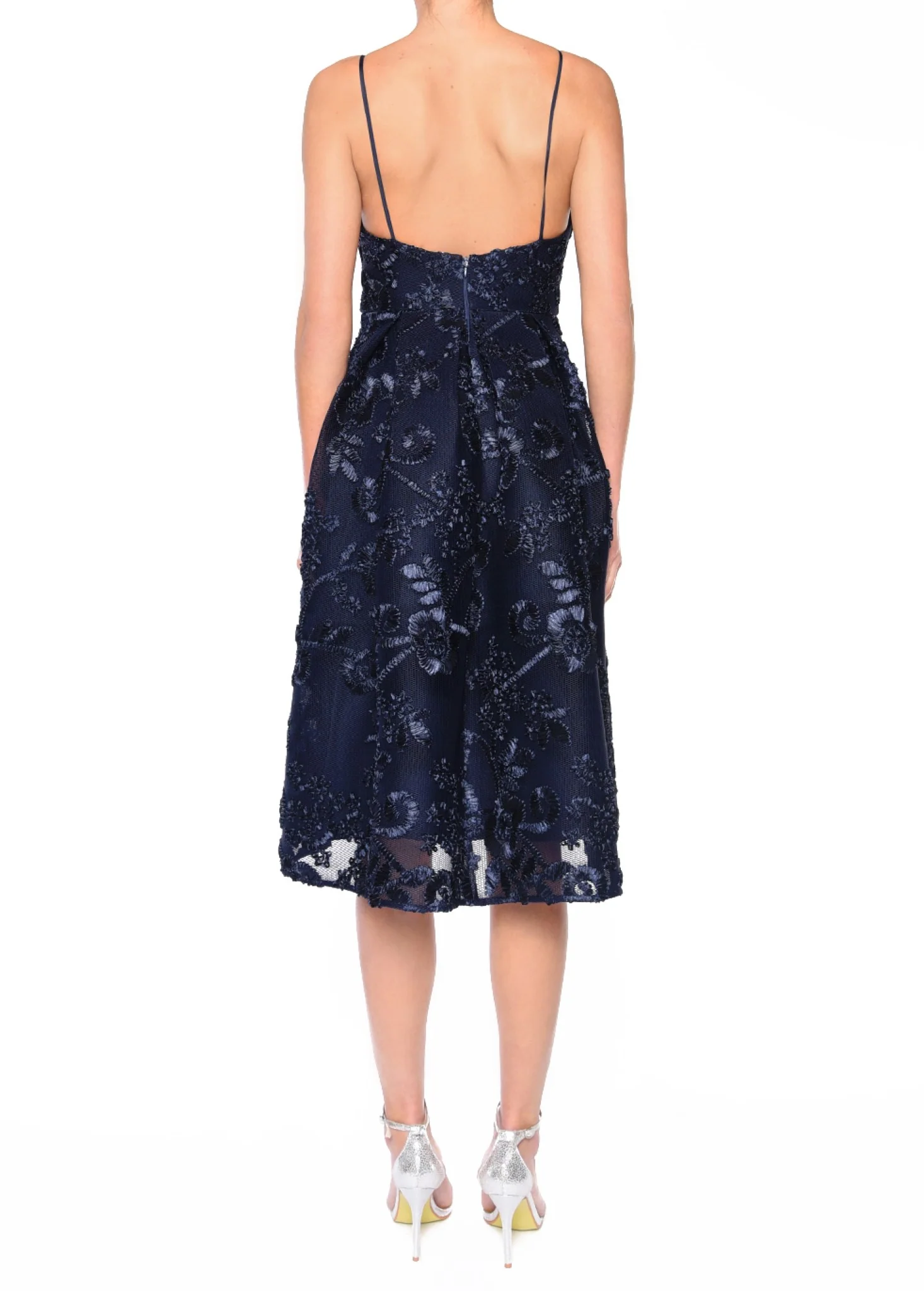 Noelle Navy 3D Embroidery Strappy Embroidered Midi Dress