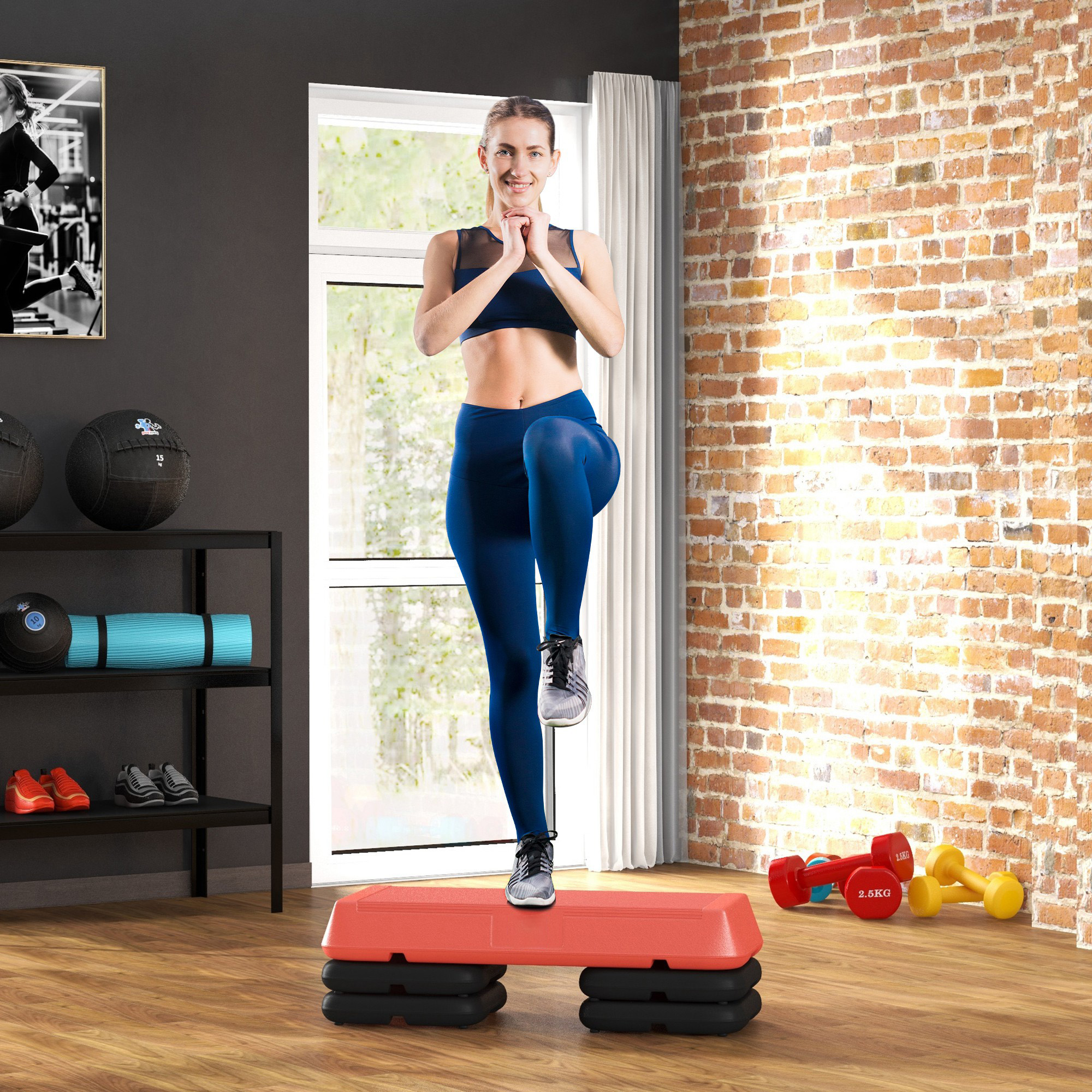 SPORTNOW Stepper Aerobic Fitness Höhenverstellbar 3 Ebenen 10/15/20 cm rutschfeste Oberfläche PE-Plastik, Rot
