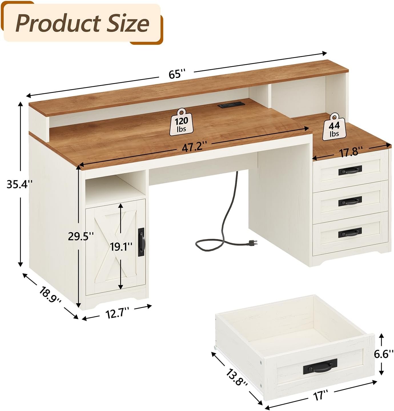 TVU Farmhouse Computer Desk with Drawers, 65'' Home Office Desk with Power Outlets, Storage Cabinet and Printer Stand, Study Writing Desks with Long Monitor Stand, Brown and White