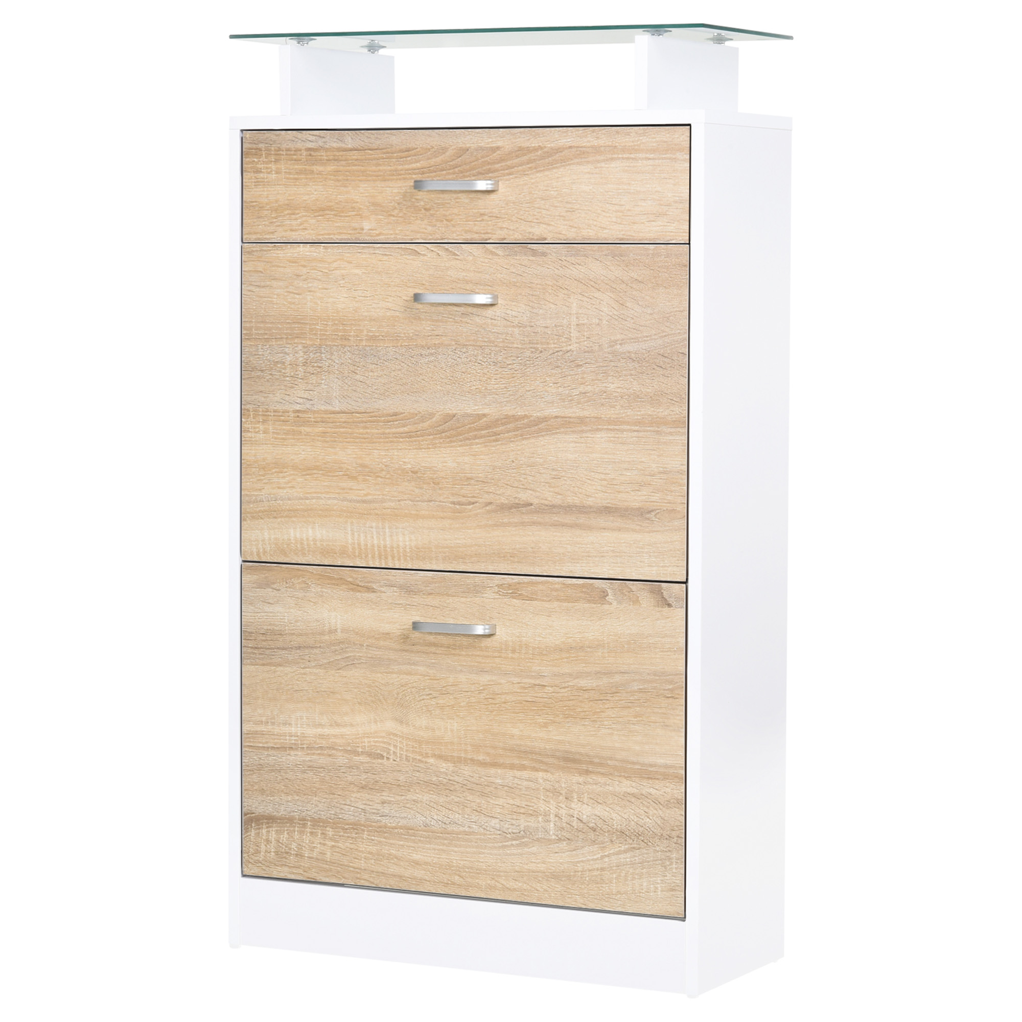 HOMCOM Schuhschrank Schuhregal 2 klappbare Türen 2 Fachböden, Schublade, Glasplatte - Holz Hellbraun Weiß