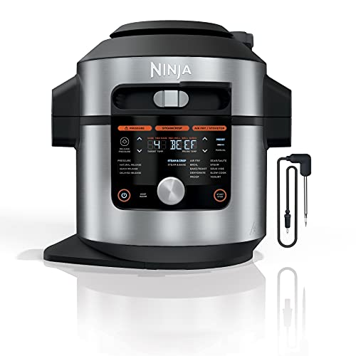 Ninja OL701 Foodi 14 in 1 SMART XL 8 Qt. Pressure Cooker Steam Fryer with SmartLid & Thermometer   Auto Steam Release, that Air Fries, Proofs & More, 3 Layer Capacity, 5 Qt. Crisp Basket, Silver/Black