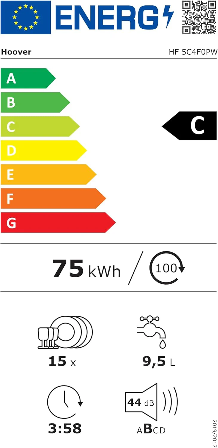 Hoover HF 4C6F0PW vaatwasser; 14 couverts; Vrijstaand, 60 cm breed; Energie-effici?ntieklasse C; Slimme bediening met wifi + bluetooth-technologie