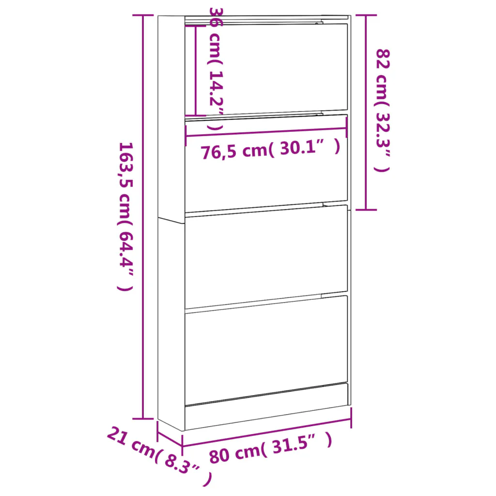 Scarpiera 4 Cassetti Ribaltabili Grigio Cemento 80x21x163,5 cm