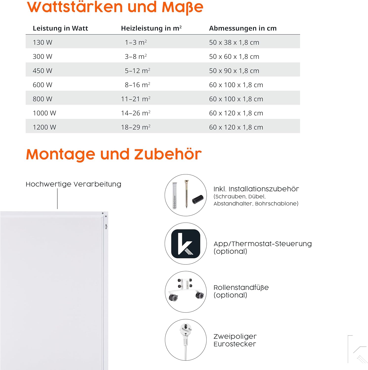 Könighaus Infrarotheizung - 1200 Watt mit TÜV SÜD + 5 Jahre Herstellergarantie ✓ Doppelter Überhitzungsschutz ✓ Heizkörper für 1-29 m² ✓ inkl. Integriertem Smart Thermostat und App