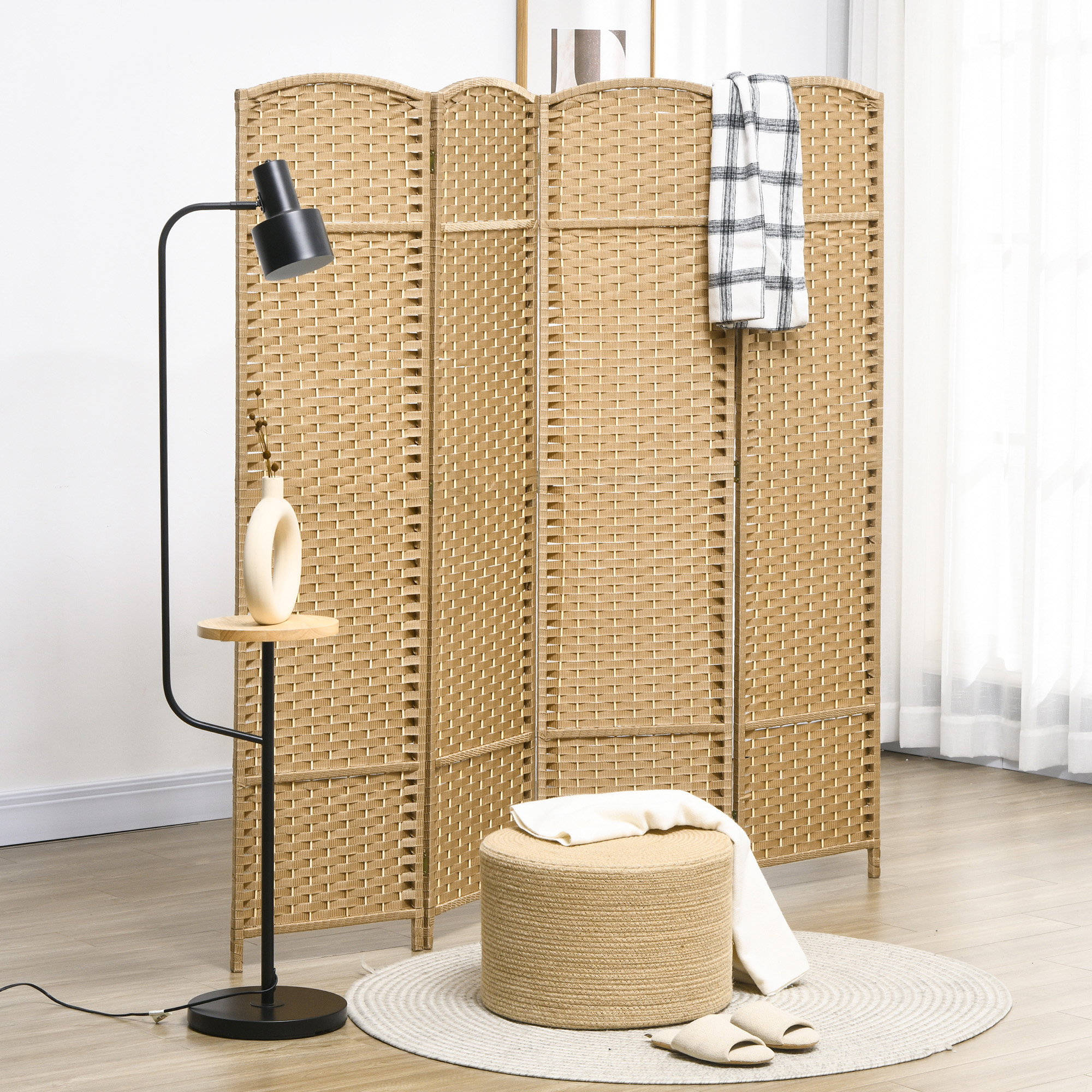 HOMCOM 4-teiliger Raumtrenner, Faltbarer Sichtschutz, Sichtschutzwand für Wohnzimmer, Schlafzimmer, Homeoffice, Natur