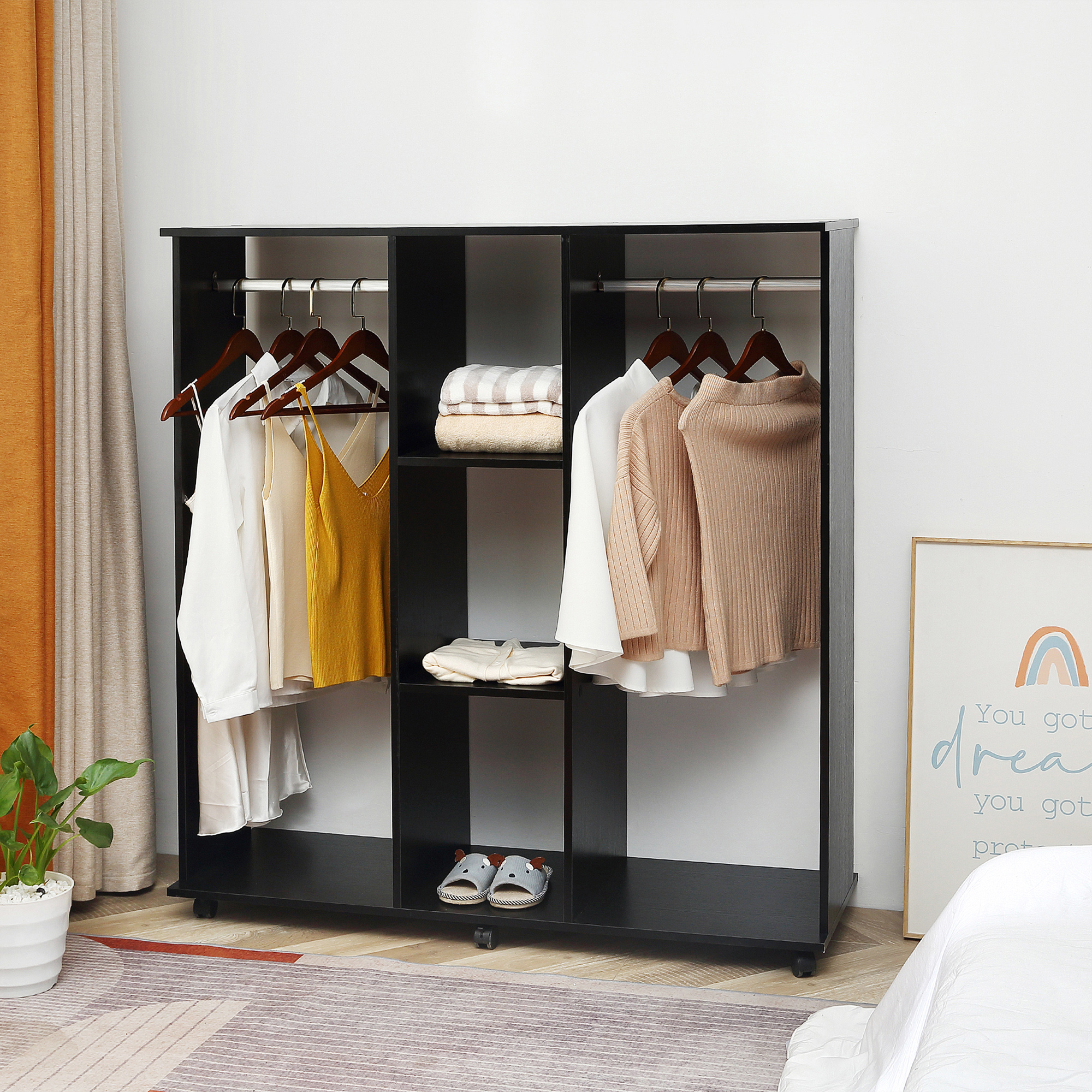 HOMCOM Garderobenschrank Mobiler Aufbewahrungsschrank 6 Rollen 120L x 40B x 128H cm aus Holz Schwarz