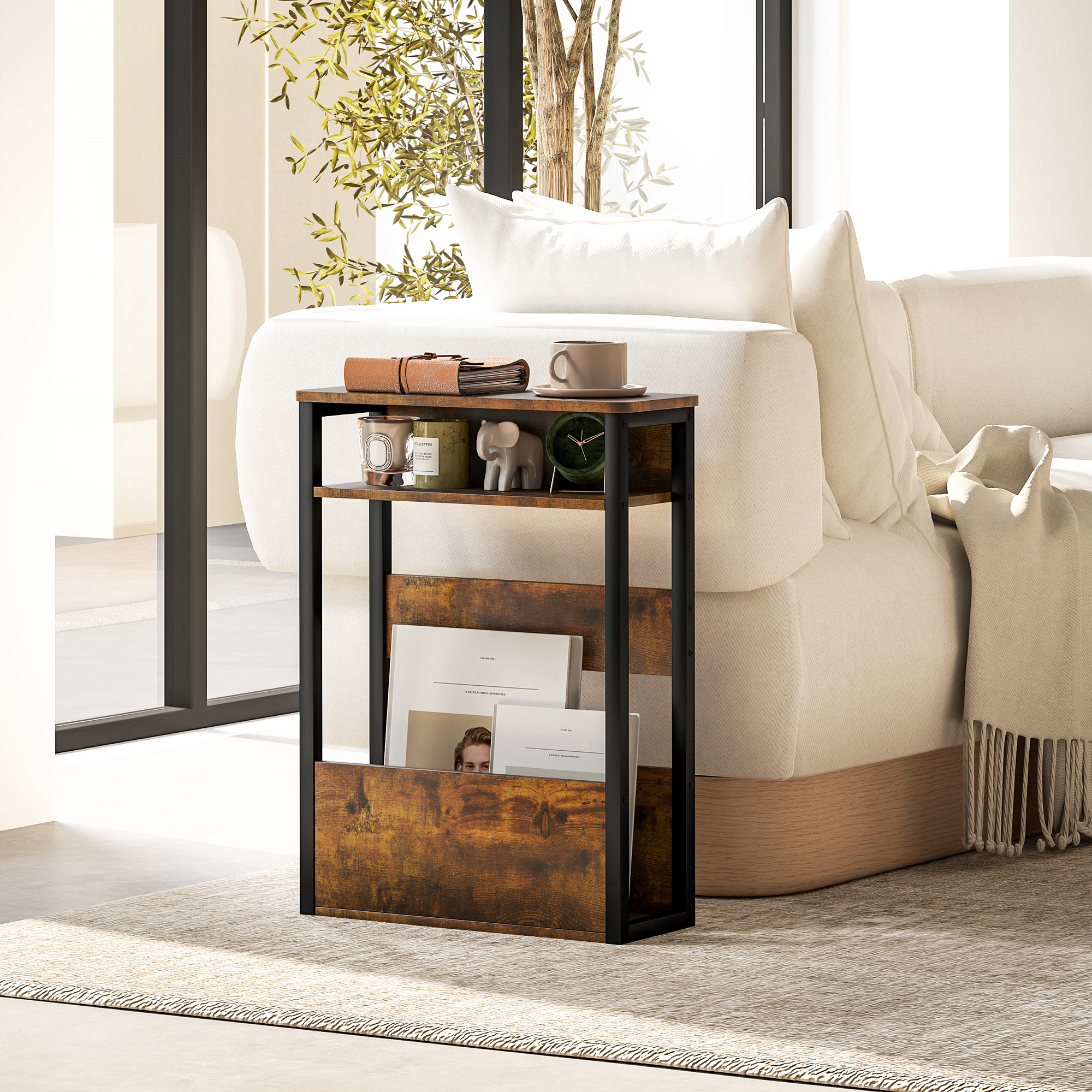 HOMCOM Beistelltisch Nachttisch mit zweistufigem Regal abgerundete Ecken 46 B x 18 T x 58,5 H cm rustikales Braun