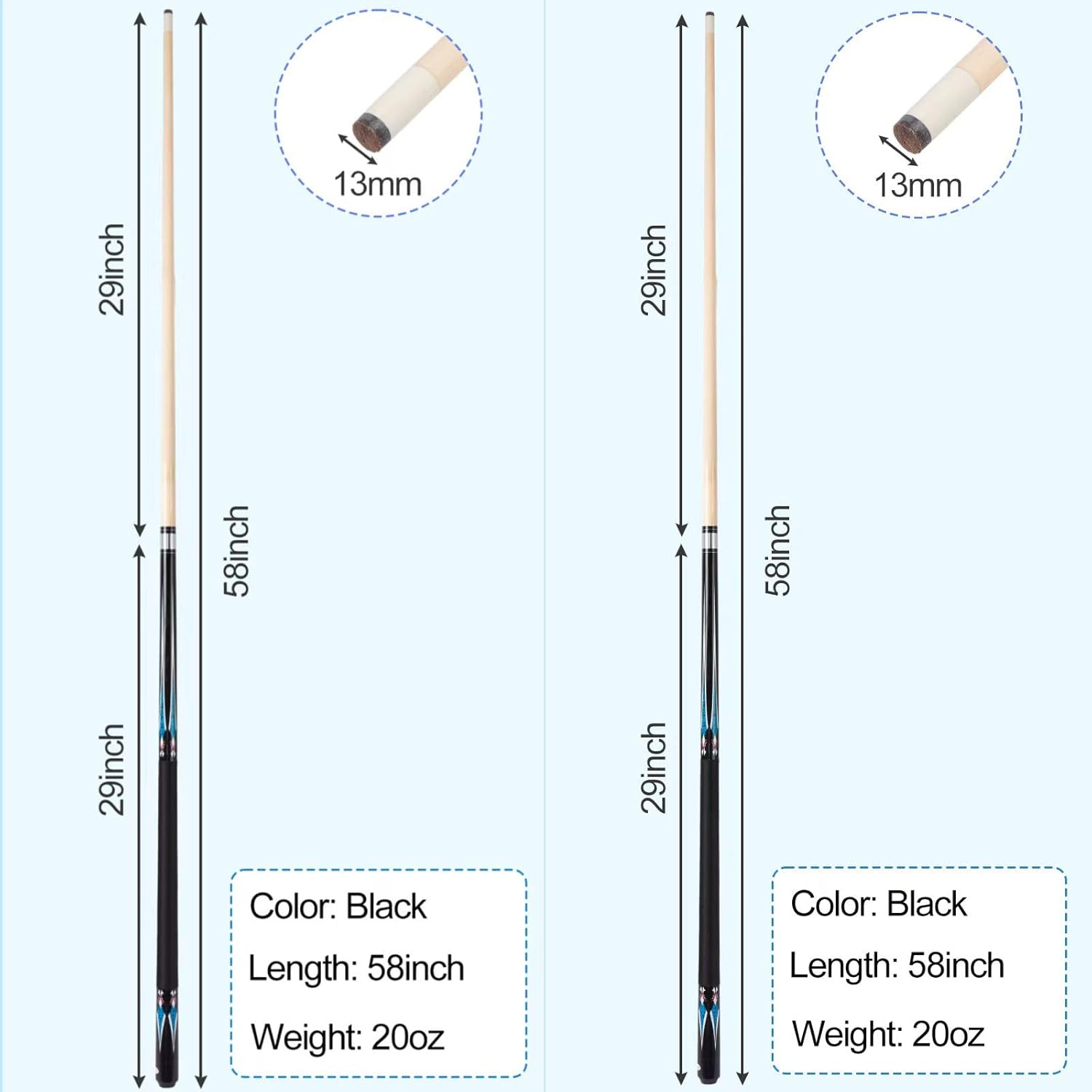 Sinsilvie 13mm 58 Pollici 19 20 Once Stecche Biliardo Pool,1/2 Maple Pool Cue Stick,Bastone da Biliardo da Bar per Uomini e Donne.