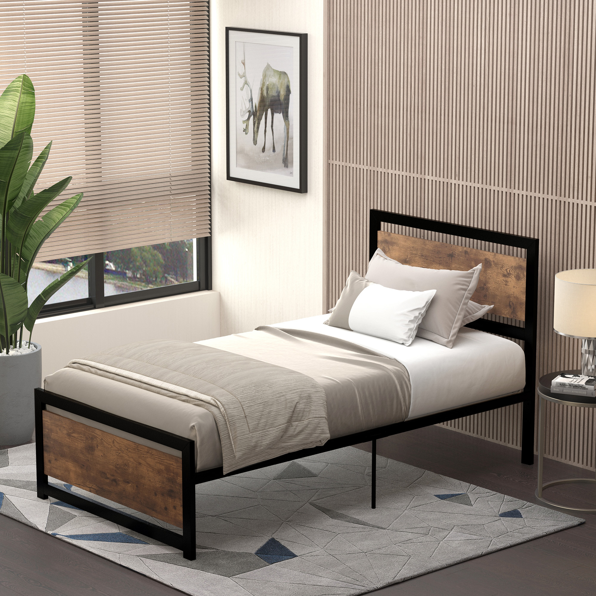 HOMCOM Bettgestell aus Stahl Einzelbett 97 x 195 x 103 cm kompatible Matratzengröße 90 x 190 cm Holzoptik mit Maserung