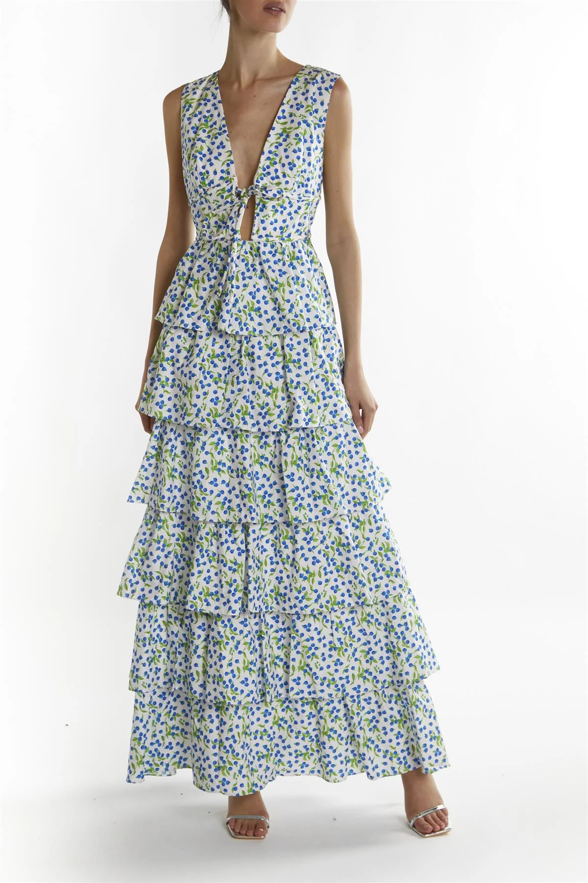White-Blueberry Print Genevieve Tiered Maxi-Dress