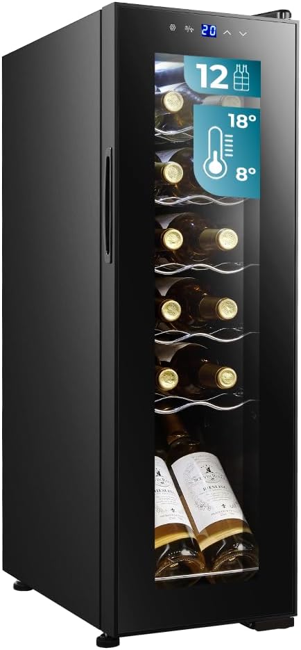 Cecotec Cantinetta Vino Bolero GrandSommelier 1250 CoolCrystal Compressor. 12 Bottiglie, Display Touch, 8-18oC, Ripiani in Legno, LED, 25,2x45x79,5 cm, perfetta per conservare i tuoi vini.