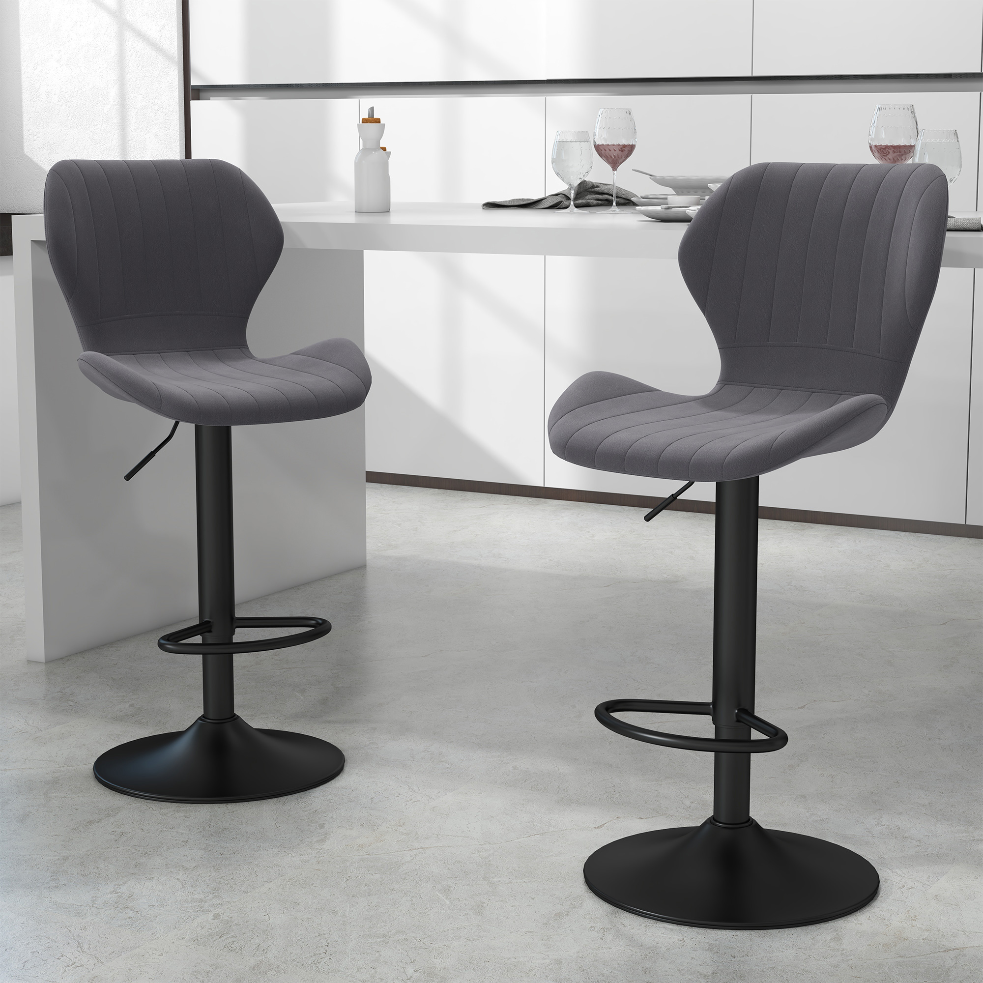 HOMCOM Set 2 Barhocker mit Höhenverstellbarer, ergonomischer Sitzfläche und Fußstütze, Hohe Hocker aus Samtstoff und Metall, 47x51,5x92-114 cm, Grau
