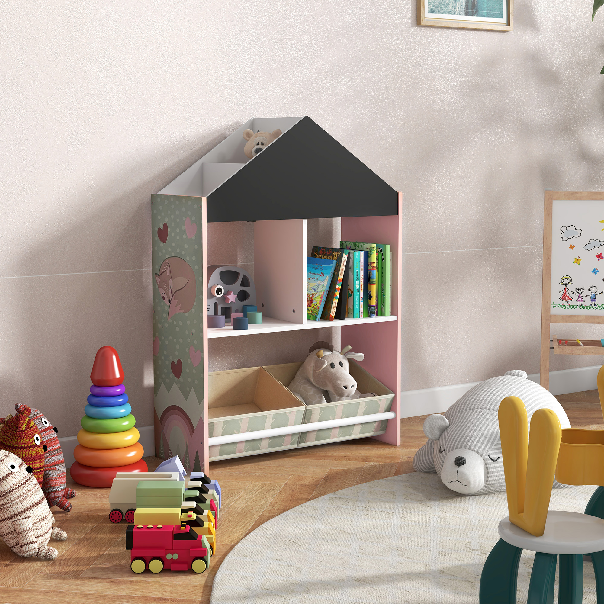 ZONEKIZ Spielzeugregal für Kinder mit Regalen und herausnehmbaren Schubladen, Rosa