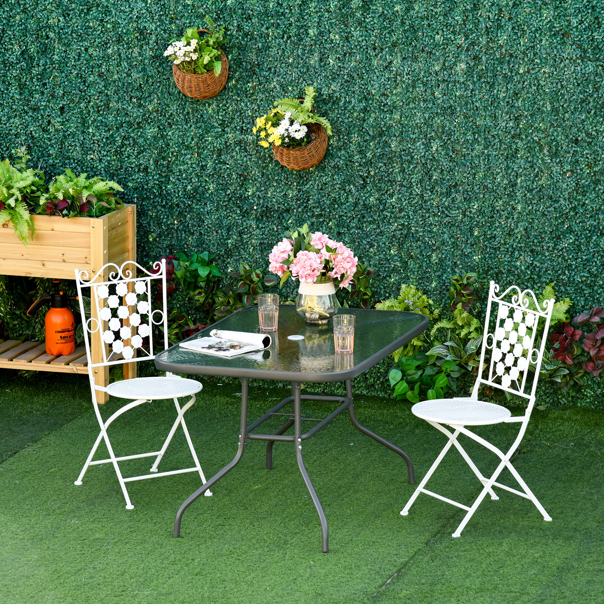 Outsunny Gartentisch Bistrotisch Balkontisch Garten Beistelltisch Bistrotisch Gartenmöbel mit Glasplatte Schirmloch Hartglas + Metall Carbongrau 140 x 80 x 70 cm