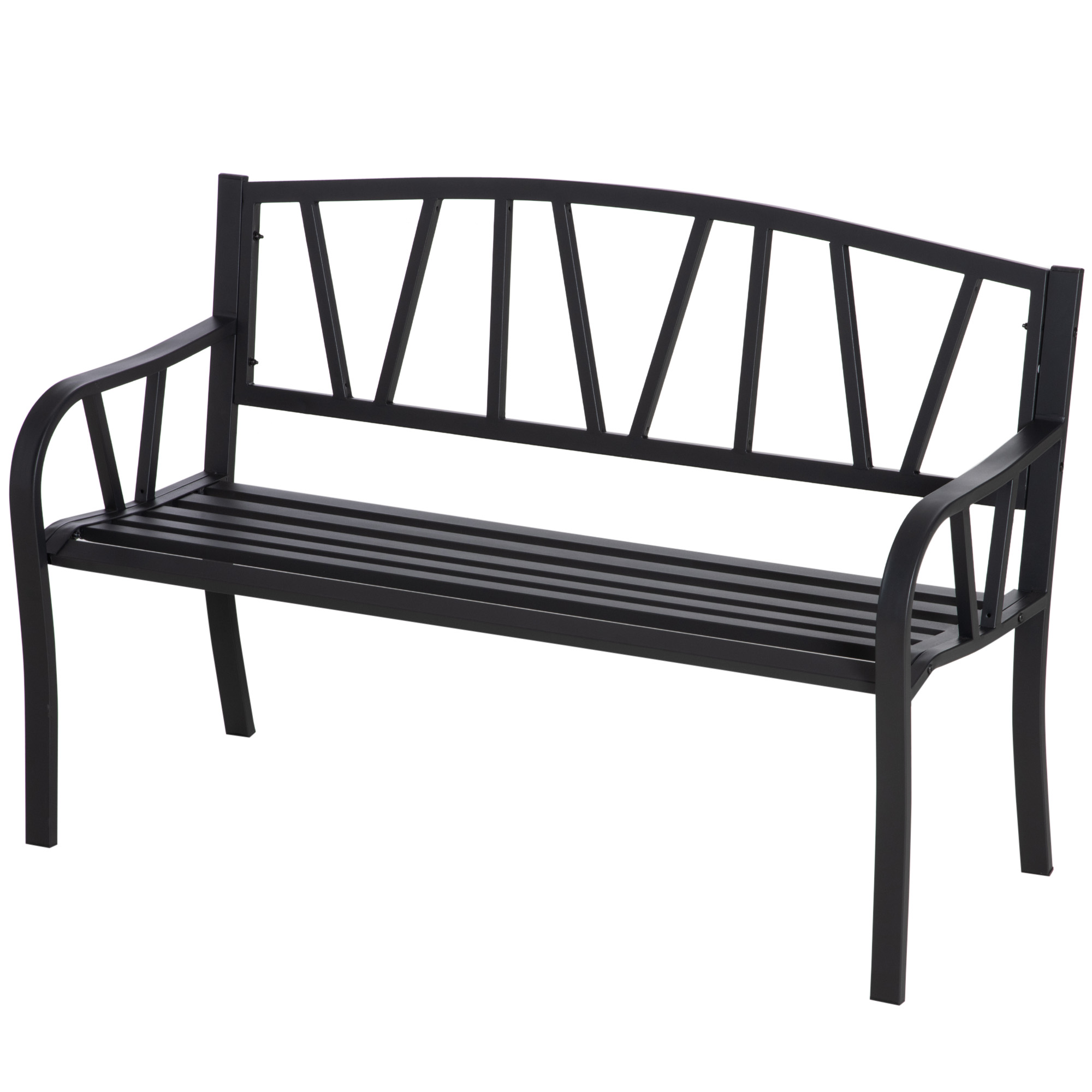 Outsunny Gartenbank aus wetterfestem Schwarzem Metall, Gartenbank im Freien aus Eisen für 2 Personen, 128x56x86cm