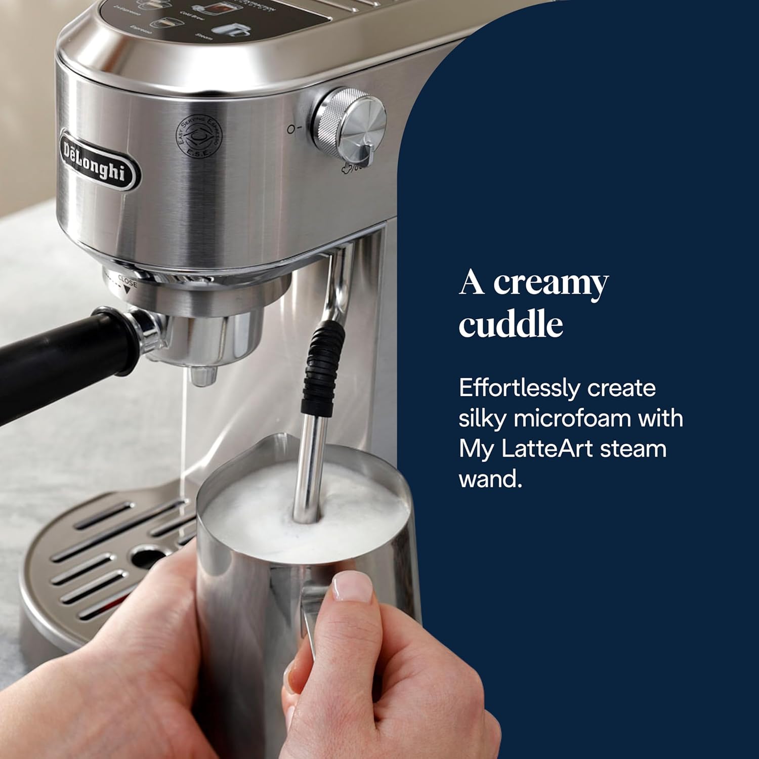 De'Longhi Dedica Duo - Perfetto Kompakte Siebträgermaschine Espressomaschine mit Soft-Touch-Icons, manuellem Milchaufschäumer für Espresso, Cappuccino und Cold Brew, 15cm breit, Metall (EC890.M)