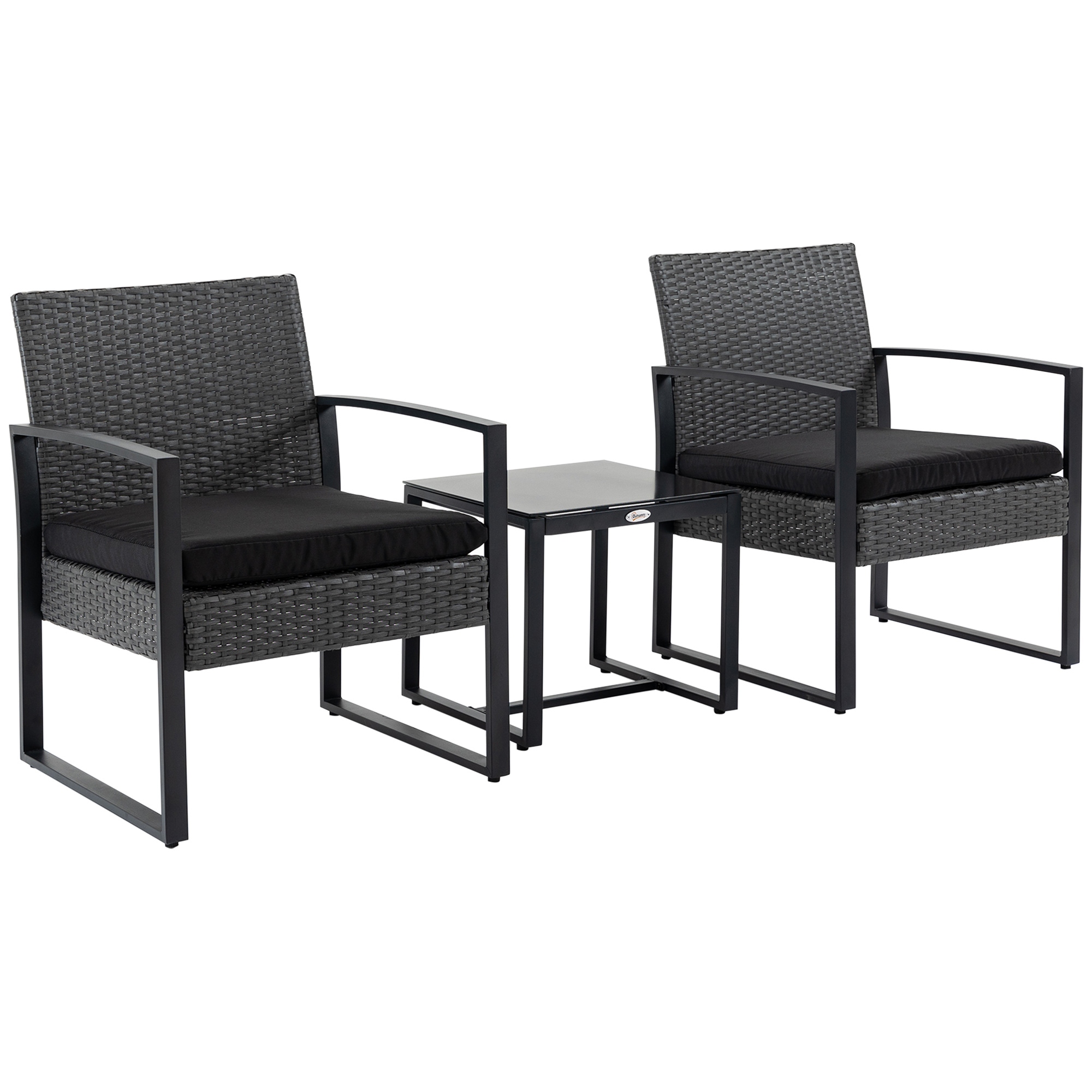 Outsunny Gartenmöbel-Set 2 Personen 3-teilig 2 Stühle mit Kissen + Couchtisch mit gehärteter Glasplatte PE-Rattan 4 Stränge Rattanimitation Schwarz