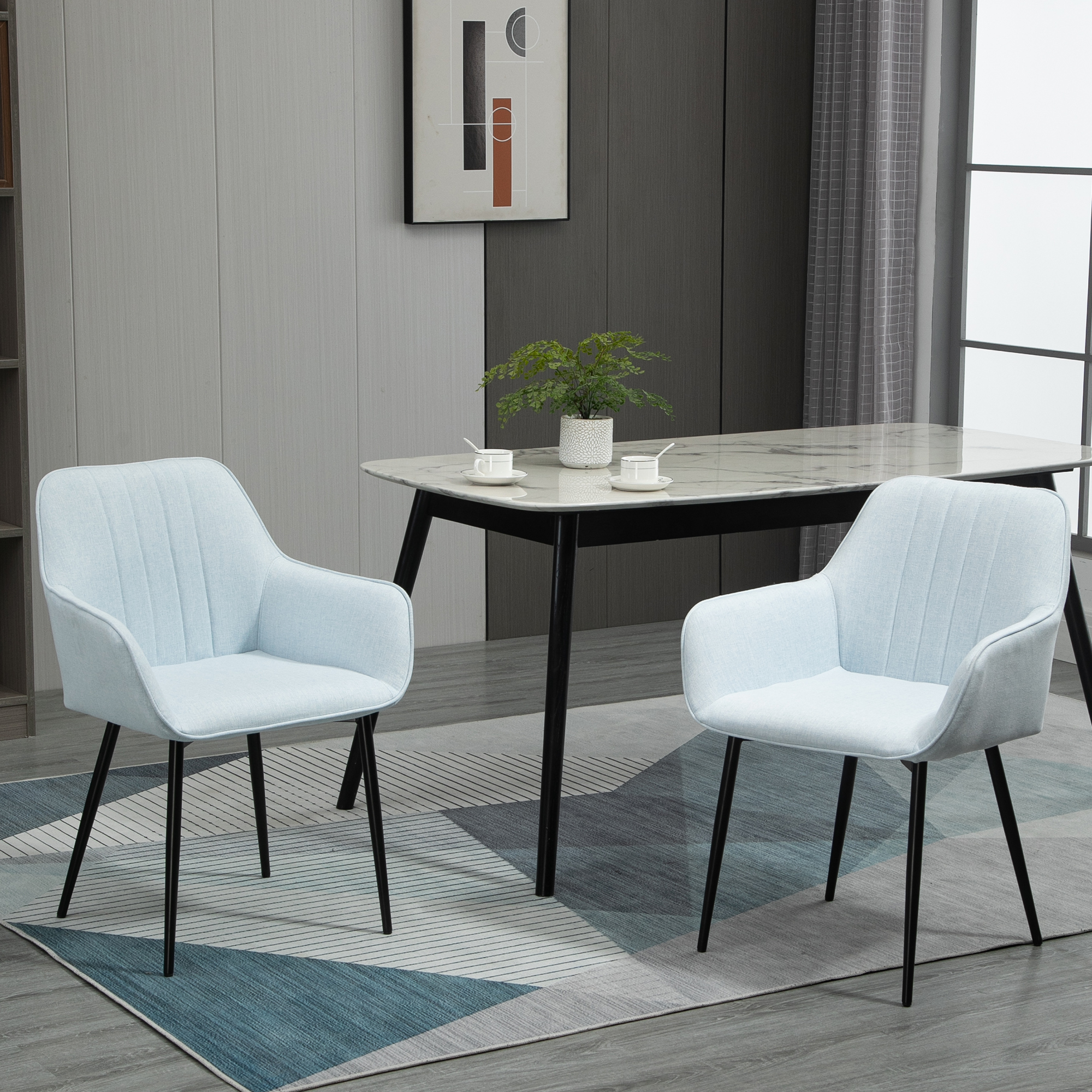 HOMCOM 2er Set Esszimmerstühle Essstühle Polsterstuhl mit atmungsaktivem Leinenbezug Wohnzimmerstuhl Sessel Küchenstuhl mit Rückenlehne Armlehne Leinen Blau 59,5 x 56,5 x 81 cm