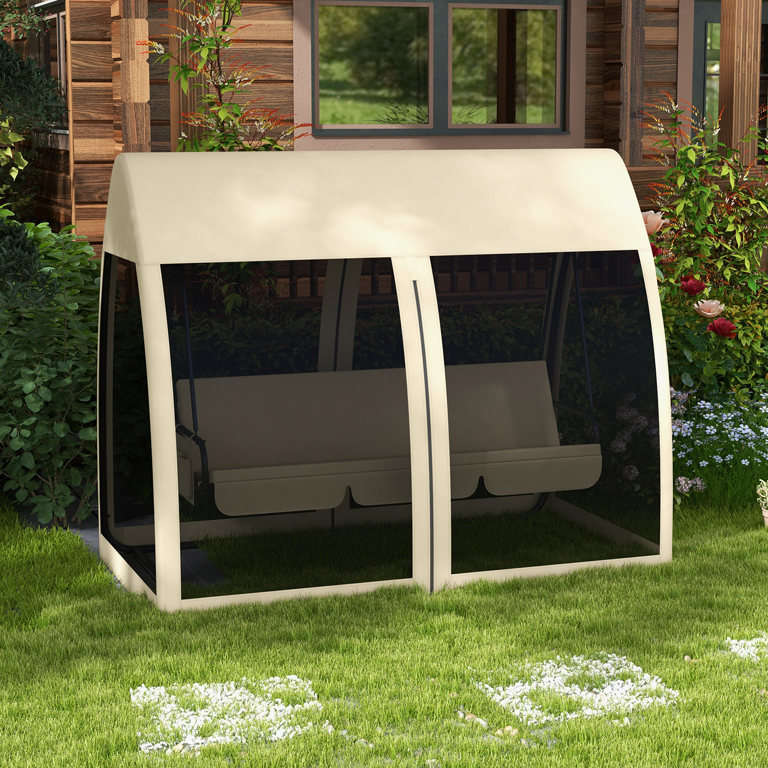 Outsunny 3-Sitzer-Terrassen-Schaukel, Veranda-Schaukel mit Bettfunktion, Hollywoodschaukel mit Mückennetz und Stahlrahmen, Kaffee