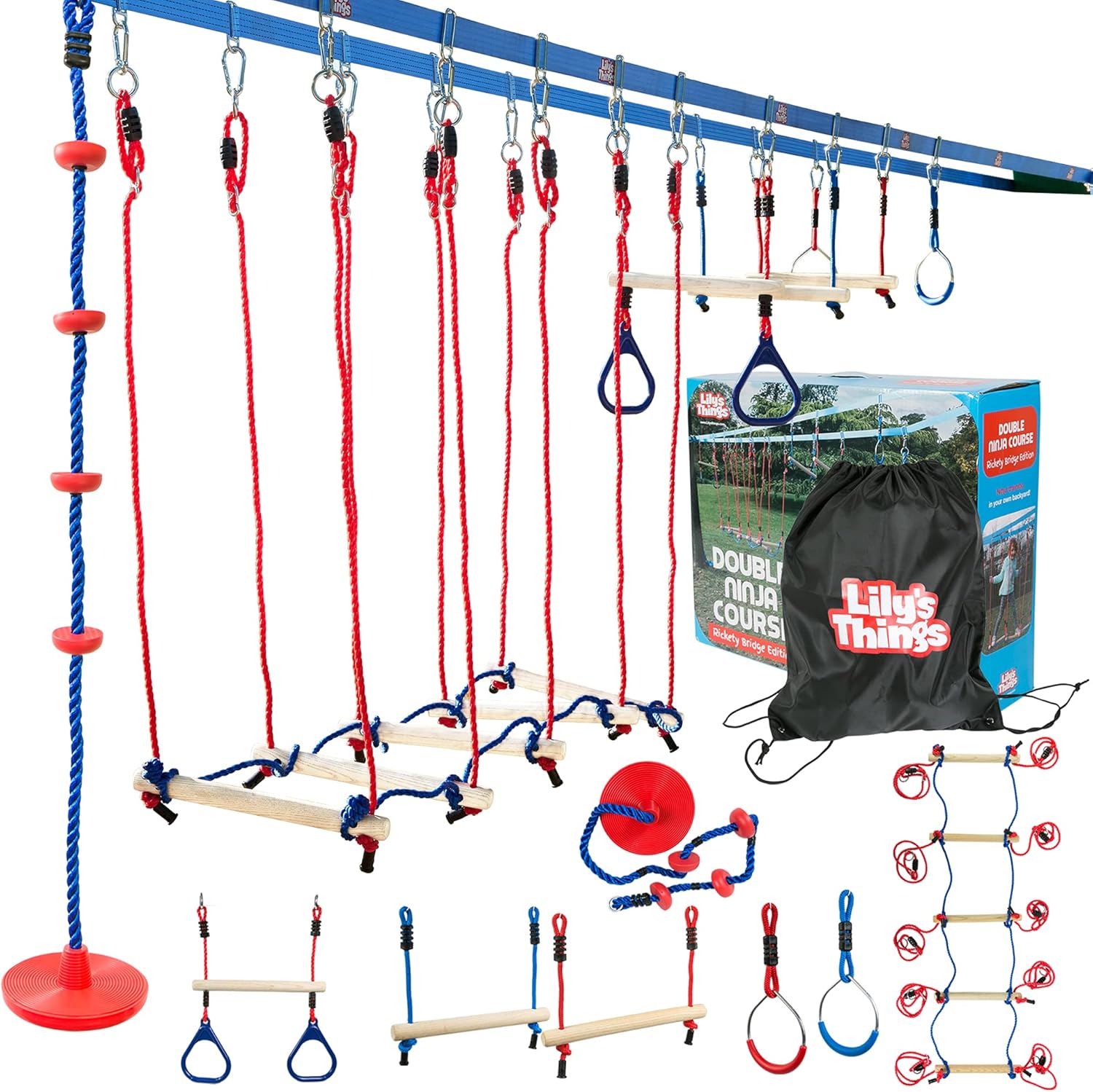 Double Slackline Ninja Obstacle Course, 110 Ft with Monkey Bars