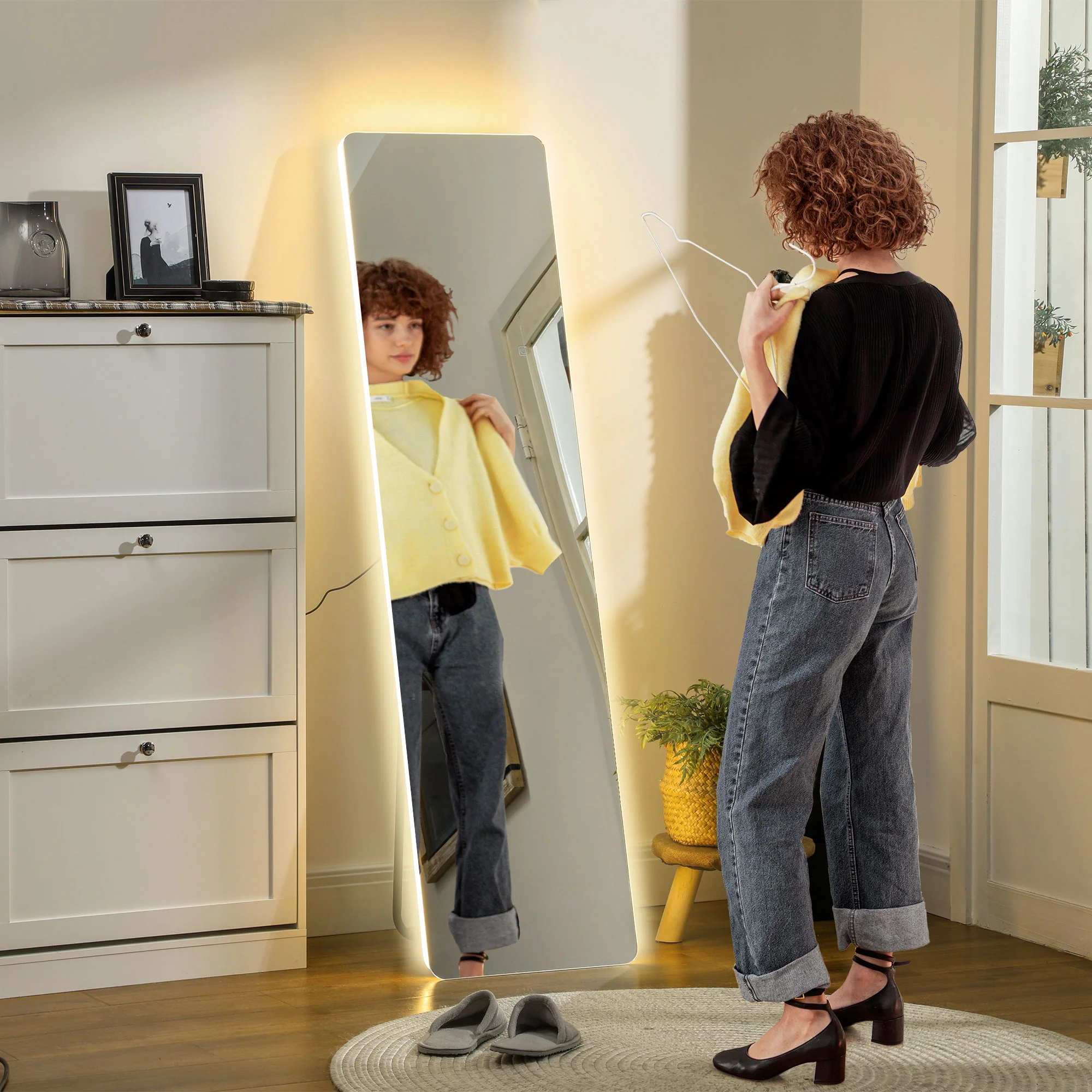HOMCOM Standspiegel LED Touch dimmbar 3 Lichtfarben Ganzkörperspiegel