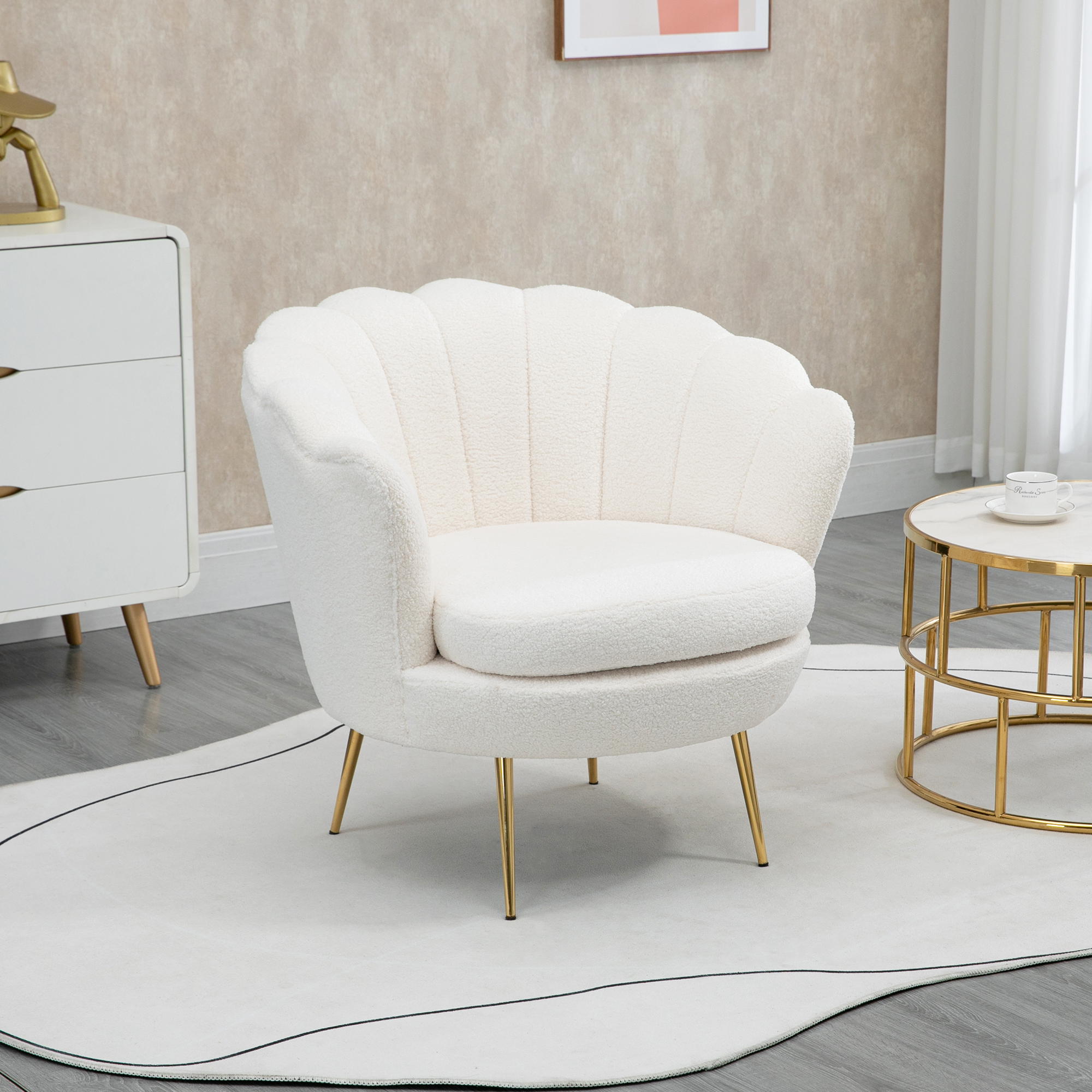 Fauteuil in Schelpvorm, Relaxstoel, Ontspanningsstoel, Metalen Poten in Goudlook, 79D x 77B x 77H cm, Wit