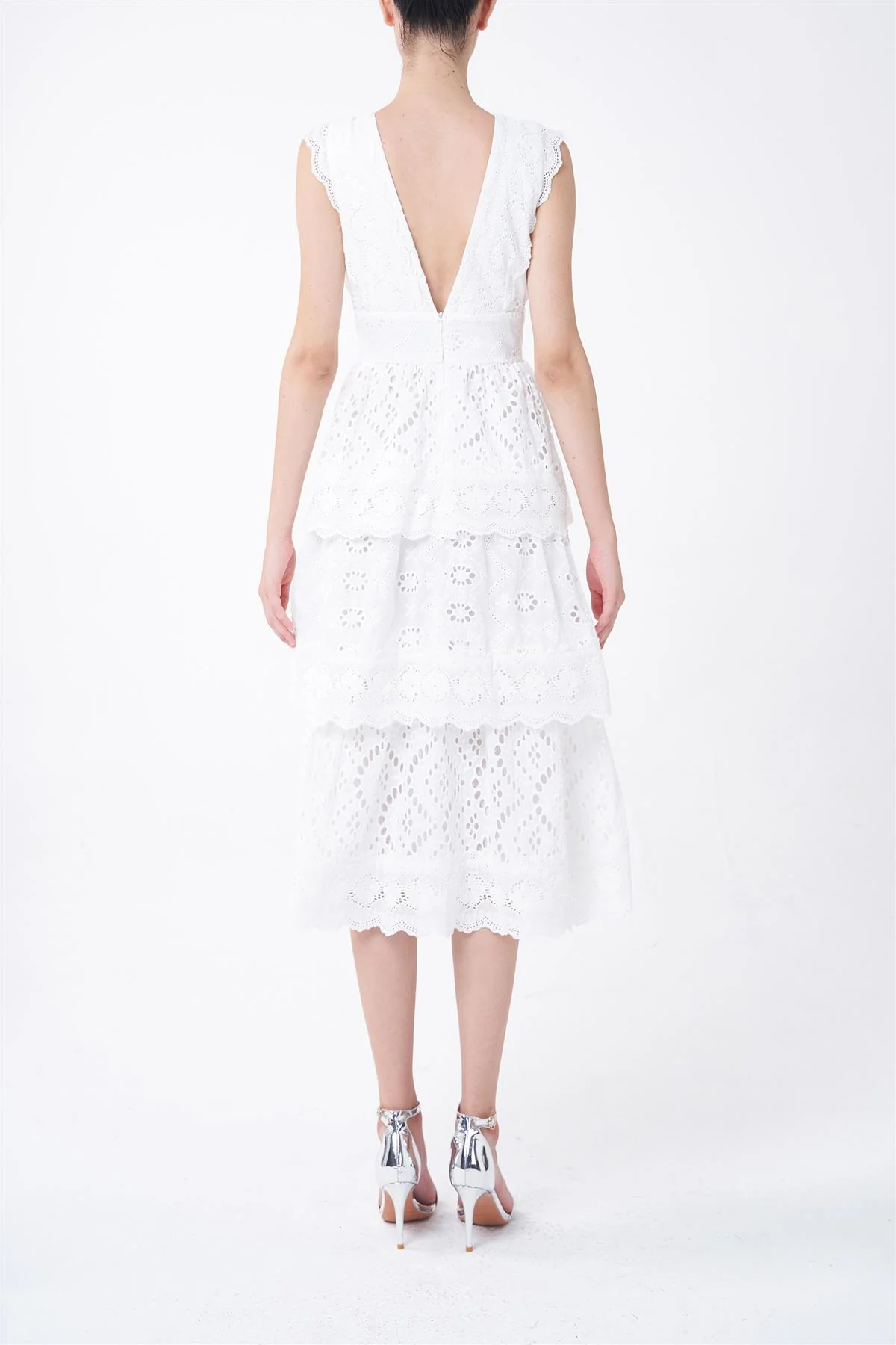 White Mary Tiered Eyelet Midi-Dress