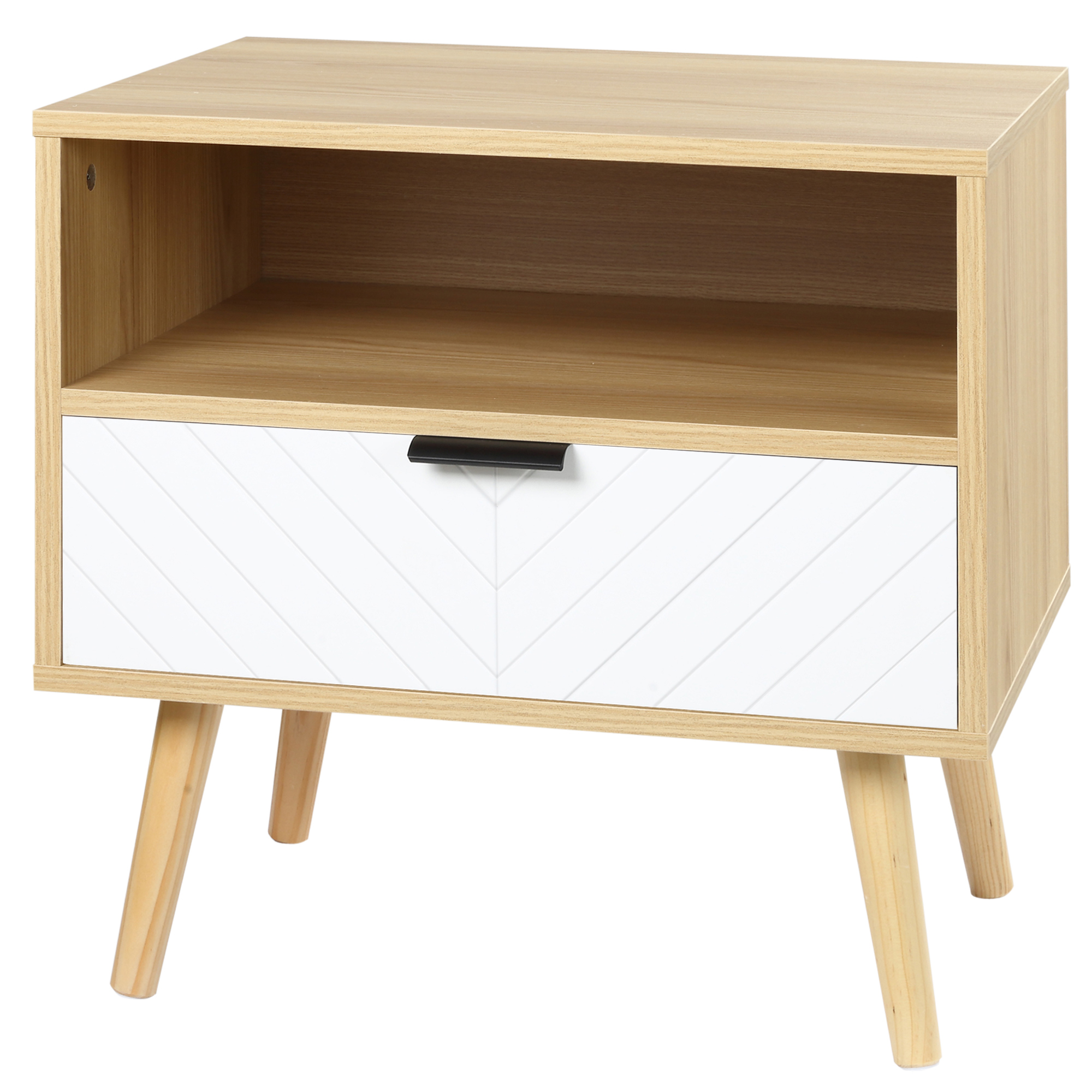 HOMCOM Nachttisch mit Schublade und Fach im skandinavischen Stil aus Spanplatte mit massiven Holzbeinen 50 x 39,5 x 49,5 cm Chevron-Muster