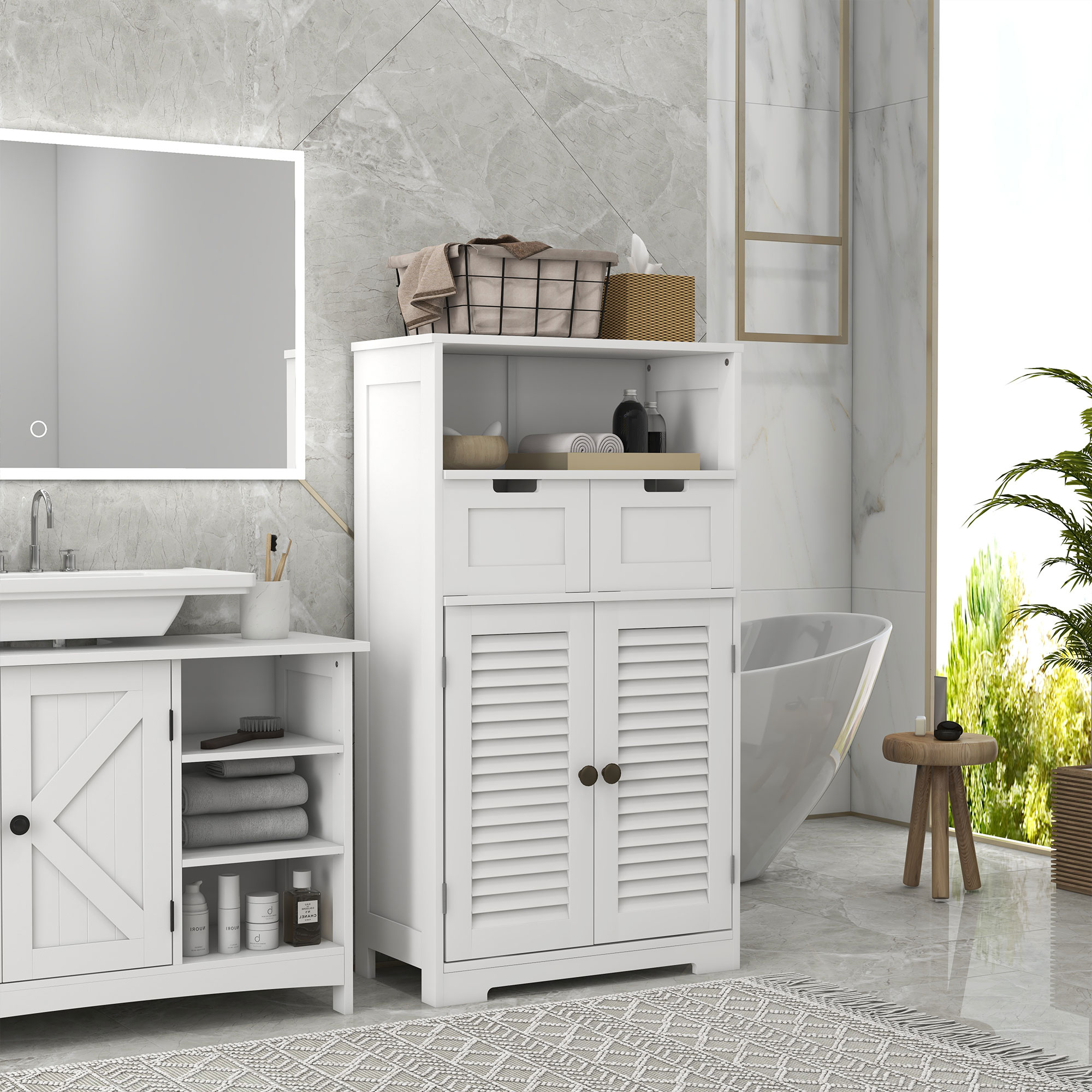 kleankin Badezimmerschrank mit 2 Türen, höhenverstellbarem Regal, 2 Schubladen, Fach 61 x 30,5 x 109,5 cm weiß