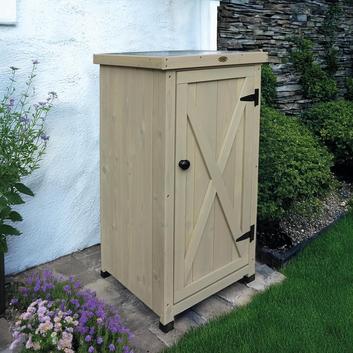 HABAU Gartenschrank Kompakt mit Arbeitsplatte, wetterfest in Grau lasiert, aus zertifiziertem Massivholz, ideal für Garten, Balkon und Terrasse, 45 x 45 x 91 cm