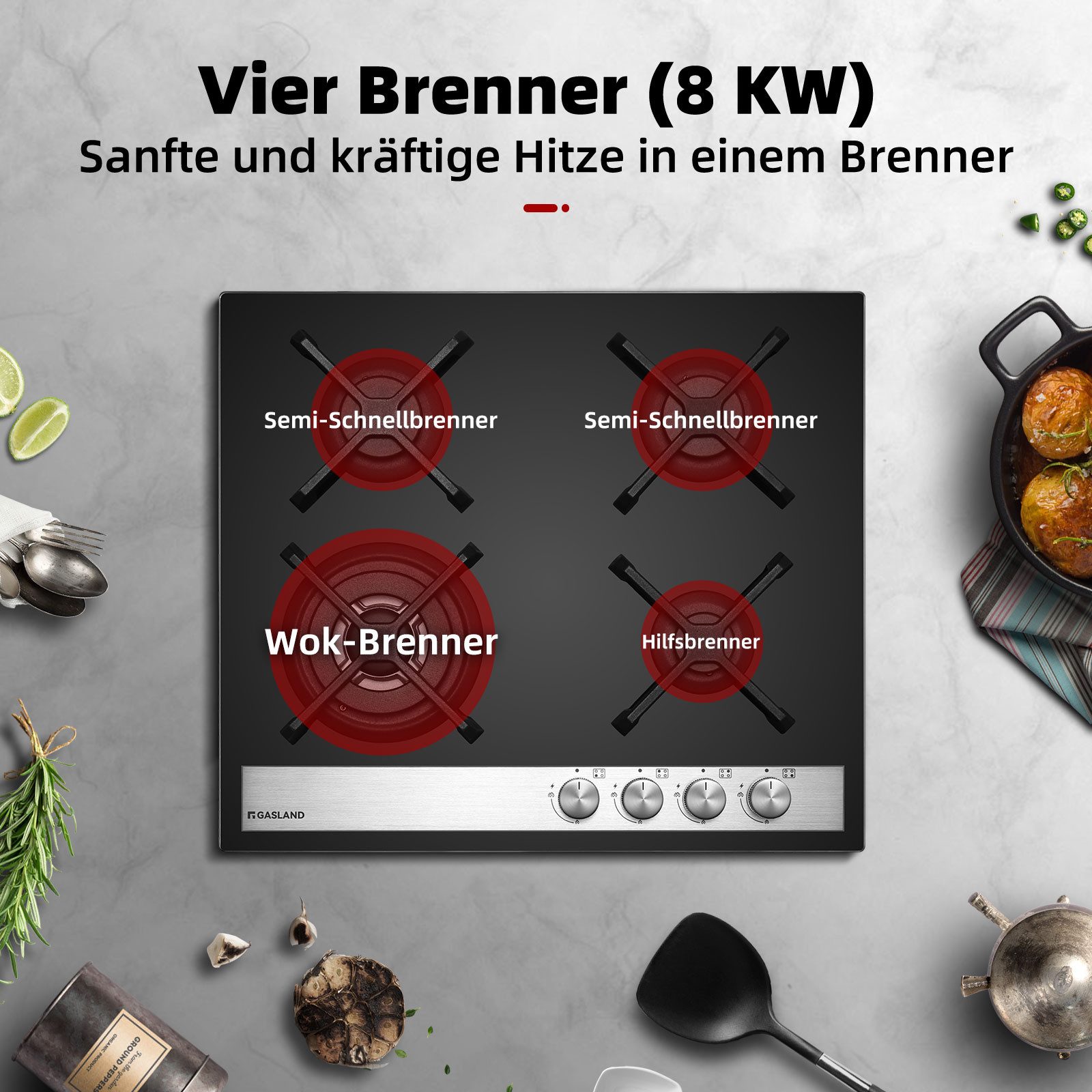 Gas-Kochfeld Gas Kochfeld mit Wok Brenner, 60 cm Schwarz Glasherd