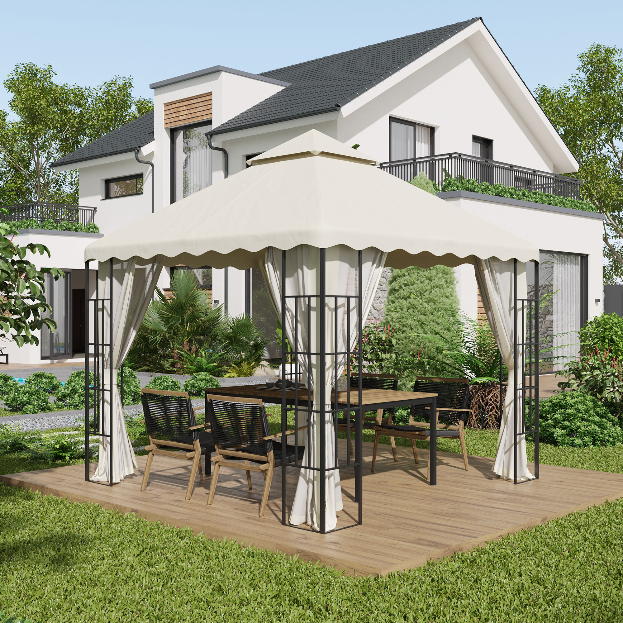 Outsunny Ersatzdach für Pavillon, mit Lüftungsdach, Wasserablauflöcher, Polyester, 3 x 3 m, Cremeweiß
