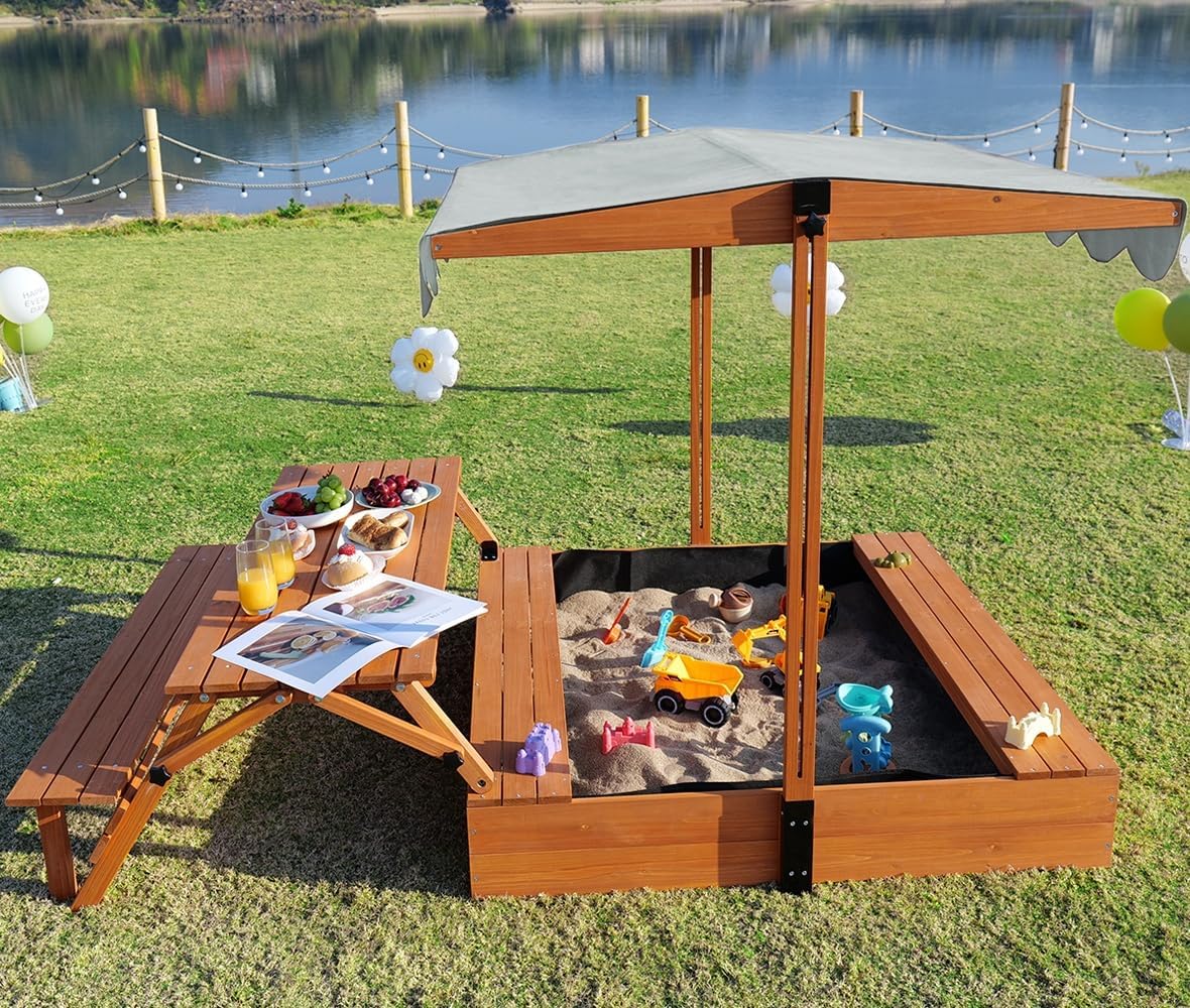 Wooden Kids Sandbox with Lid Outdoor Sand Box with Picnic Table Foldable Sandpit with Cover