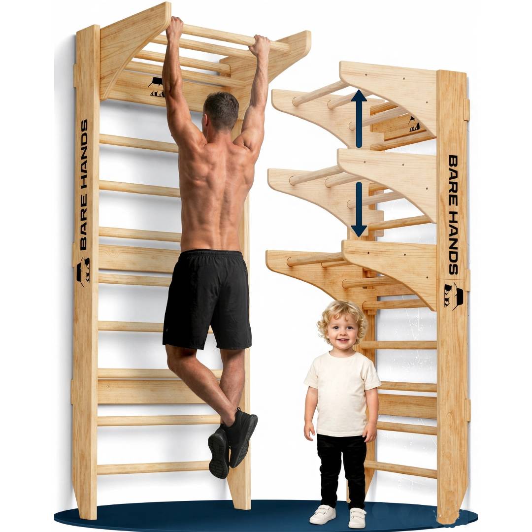 Sprossenwand 3-in-1 mit Klimmzug- und Dipstange bis 200 kg FSC-Birkenholz für Calisthenics und Krafttraining