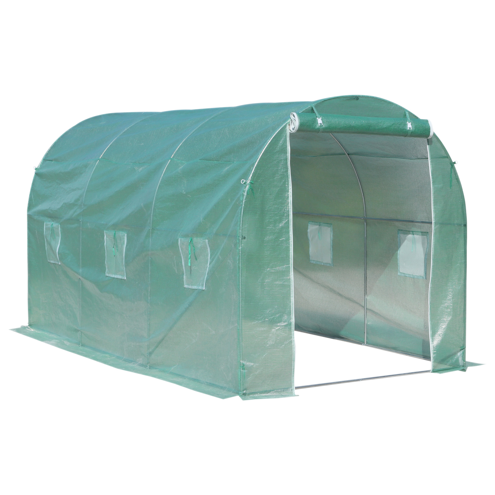 Outsunny Tunnelgewächshaus für den Garten Bodenfläche 8 m² 4L x 2B x 2,05H m verstärkter Stahlrahmen Reißverschlusstür 6 aufrollbare Fenster Grün