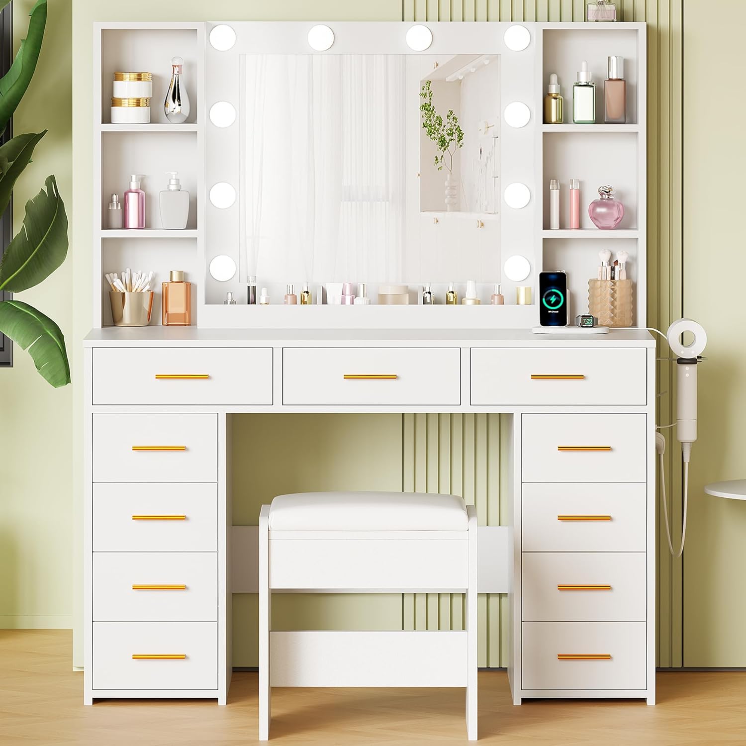 ANWBROAD BDT86W 110 cm Makeup Dressing Table with Mirror Lights and Socket, Adjustable Brightness, Make-up Dressing Table with Stool 11 Drawers Large Makeup Table with 6 Open Shelves White Makeup